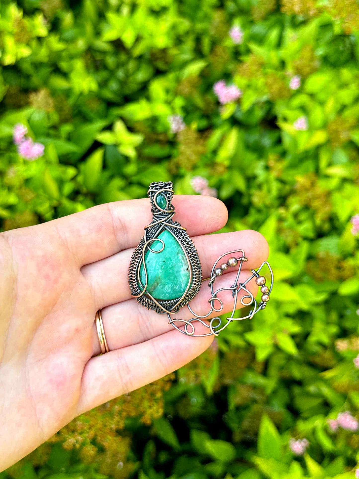 Mermaid Double Chrysoprase & Emerald Crystal Copper Pendant