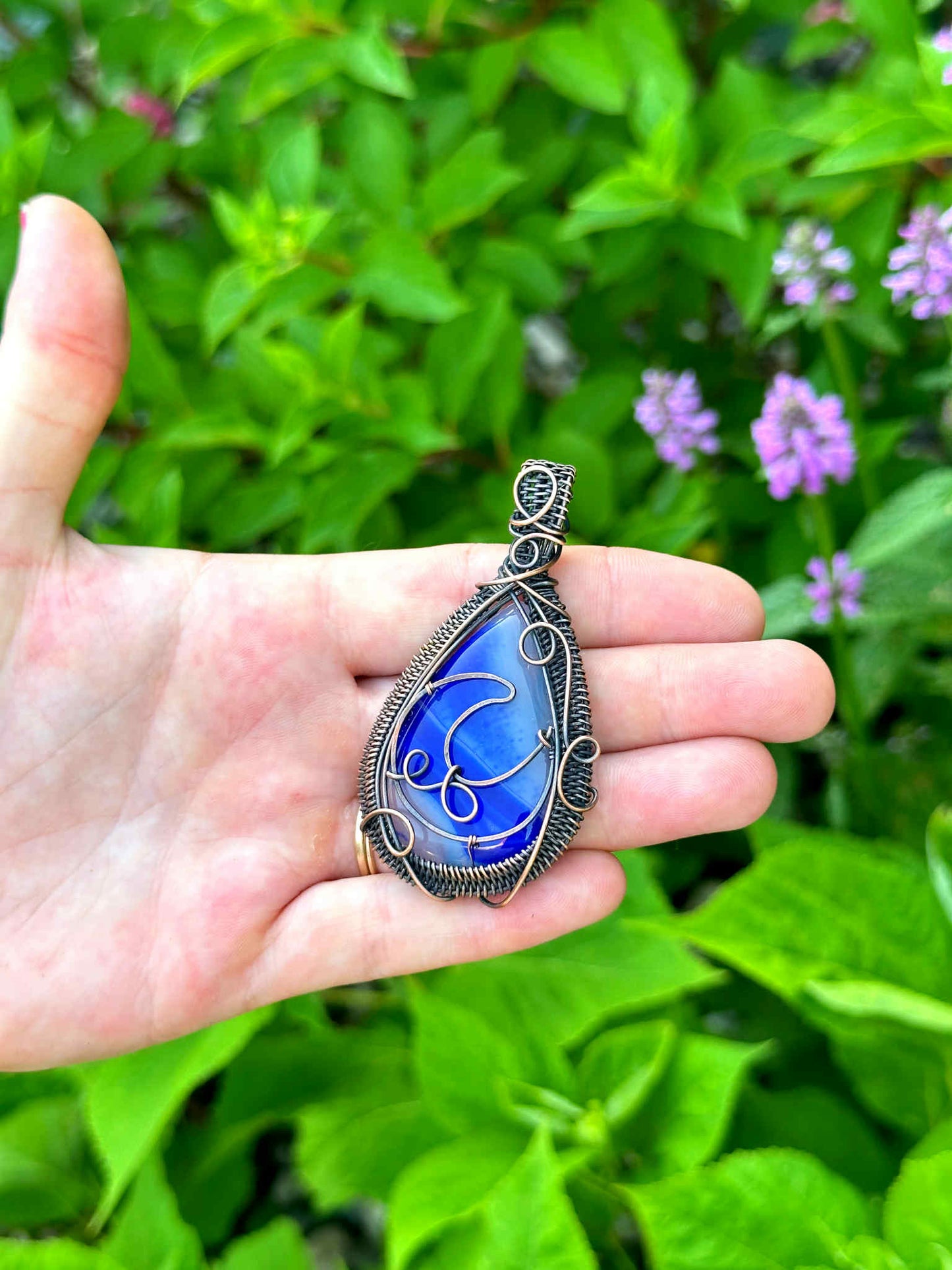 Crescent Moon Blue Banded Agate Crystal Copper Pendant