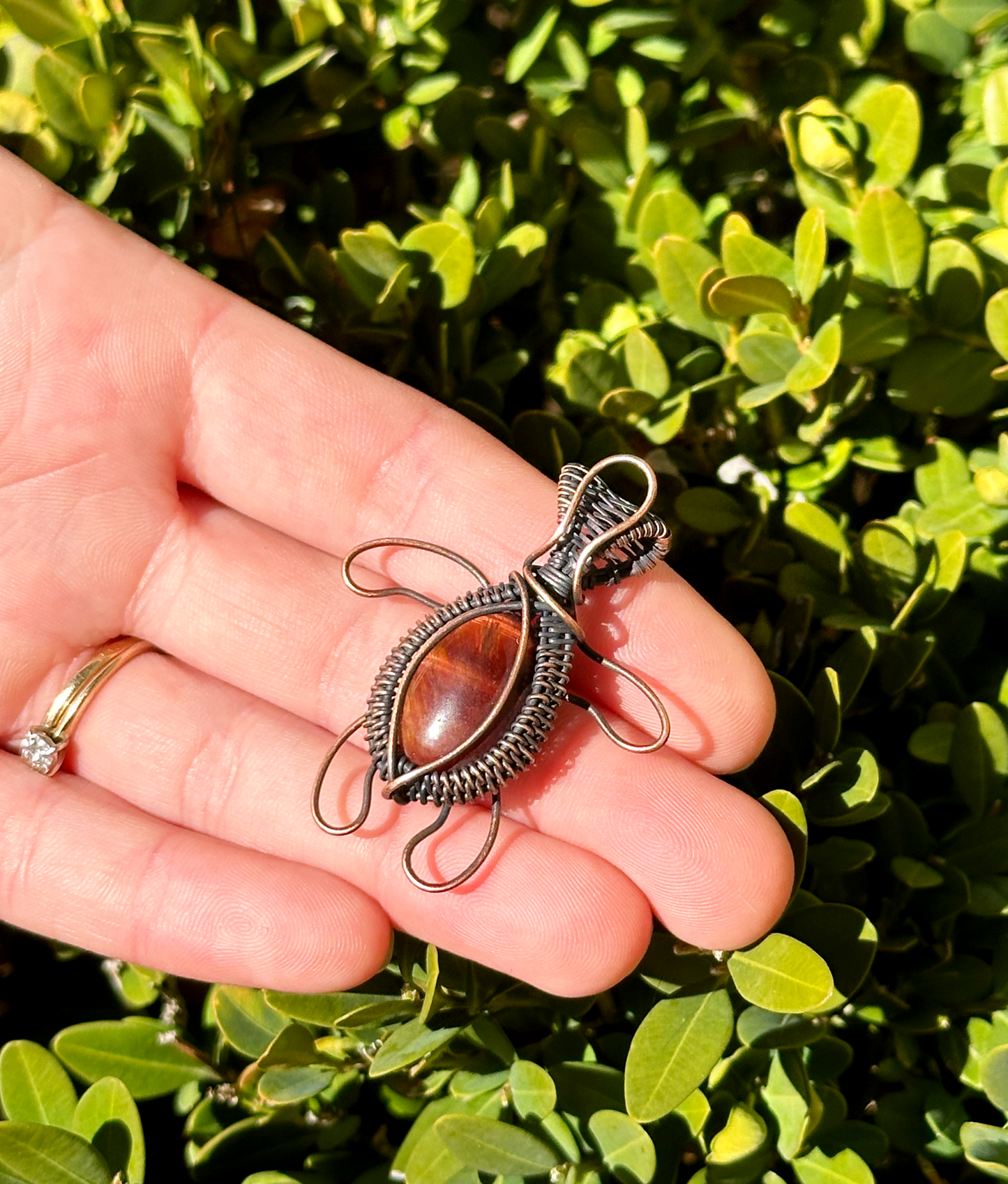 Turtle Red Tigers Eye Crystal Copper Pendant