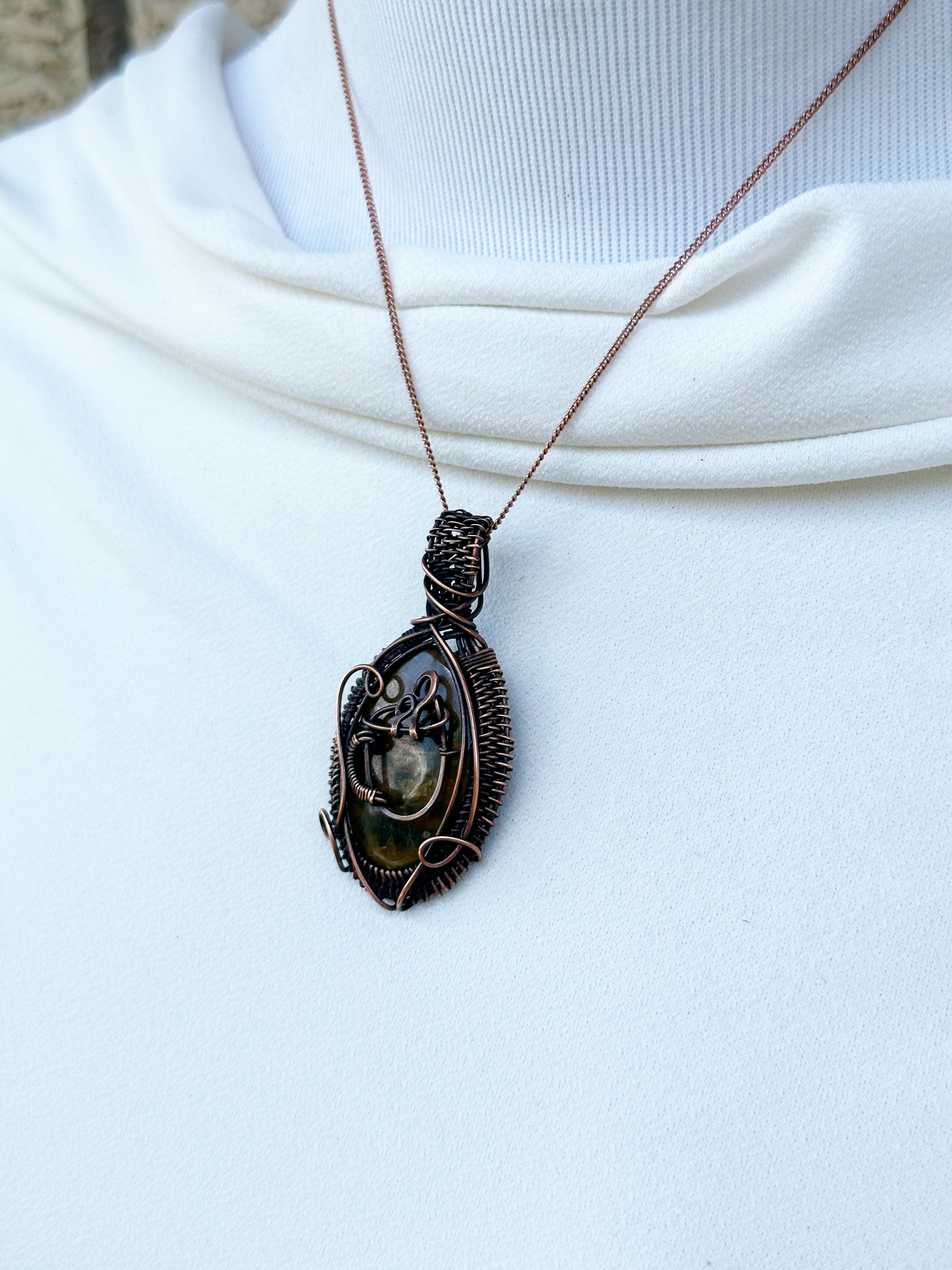 Coffee Brew Ocean Jasper & Opal Crystal Copper Pendant