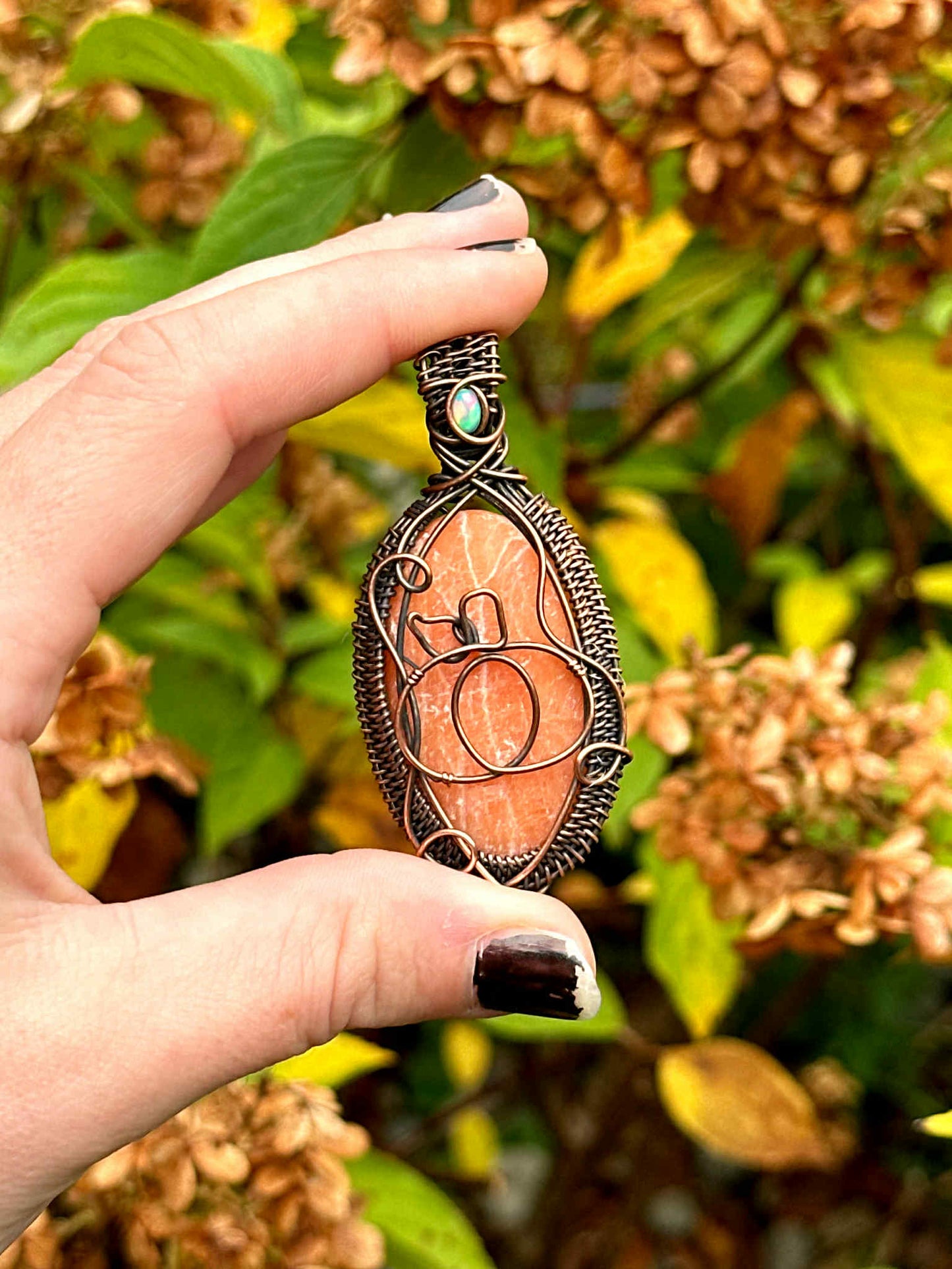 Pumpkin Orange Calcite & Opal Crystal Copper Pendant