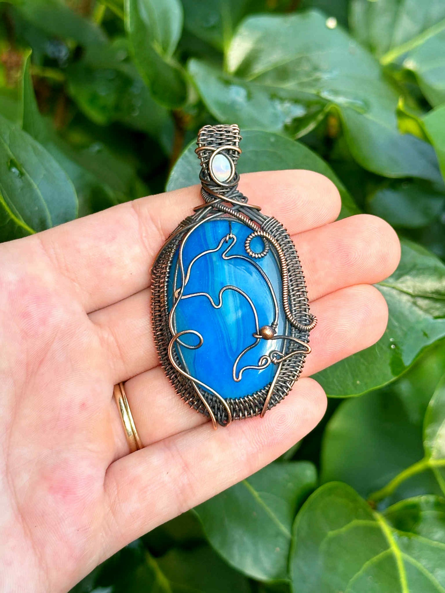 Dolphin Blue Banded Agate Crystal Copper Pendant