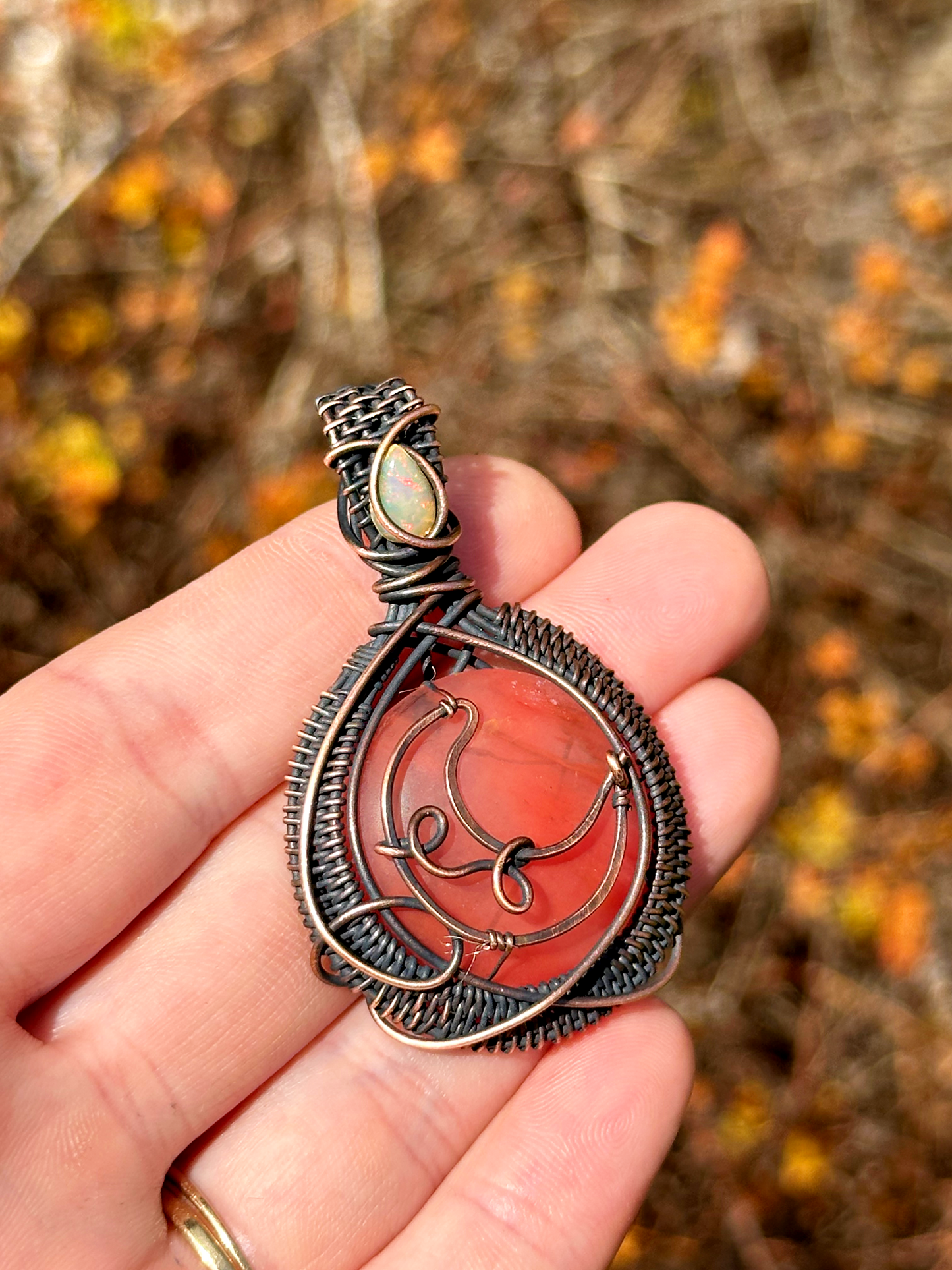 Crescent Moon Cherry Quartz Crystal Copper Pendant