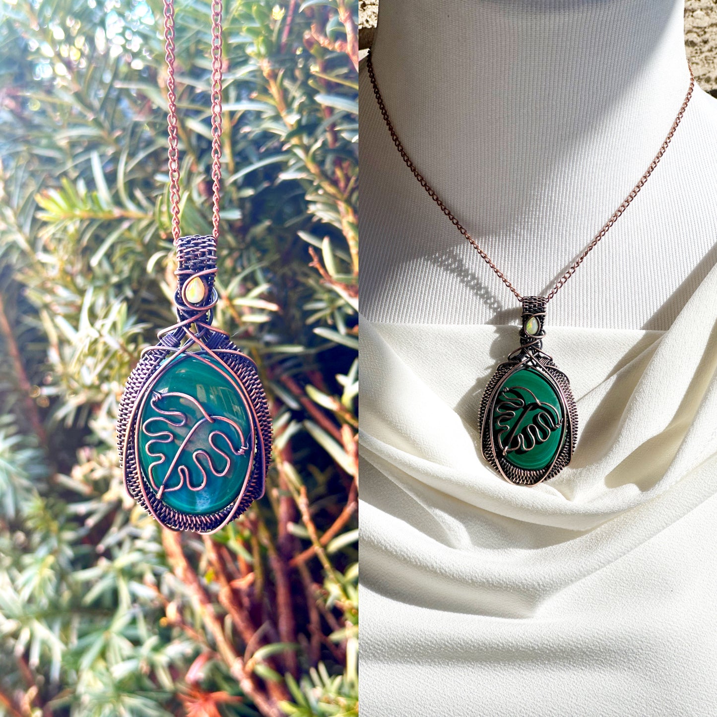 Monstera Malachite Opal Crystal Copper Pendant