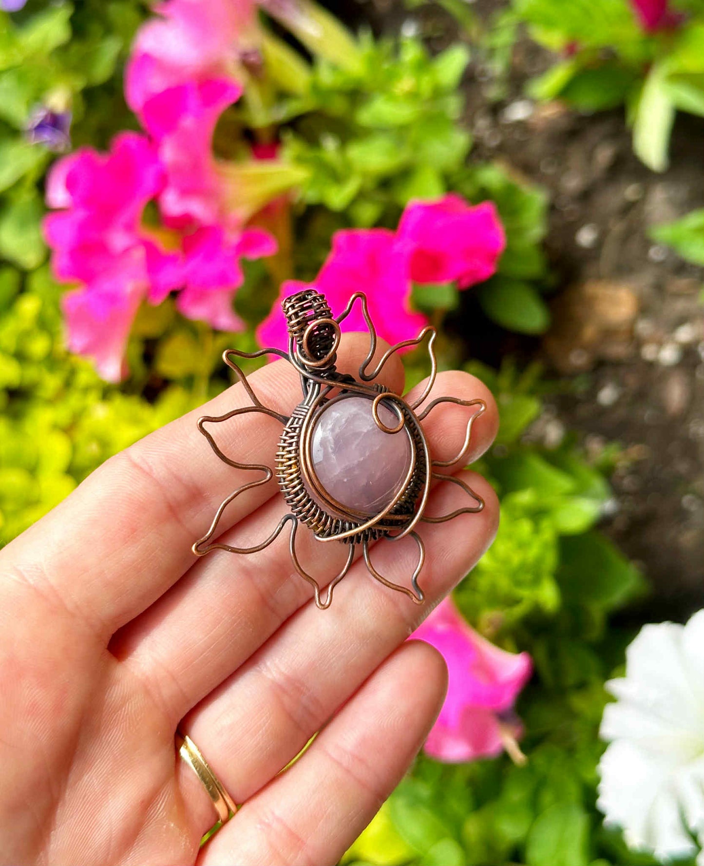 Sun Rose Quartz Crystal Copper Pendant