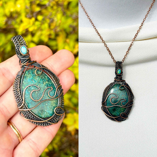 Wave Turquoise Crystal Copper Pendant
