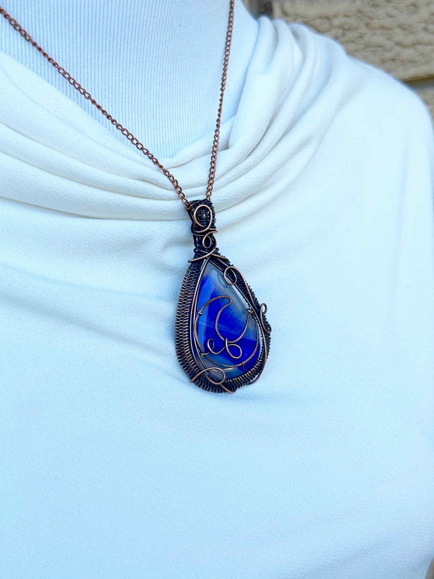 Crescent Moon Blue Banded Agate Crystal Copper Pendant