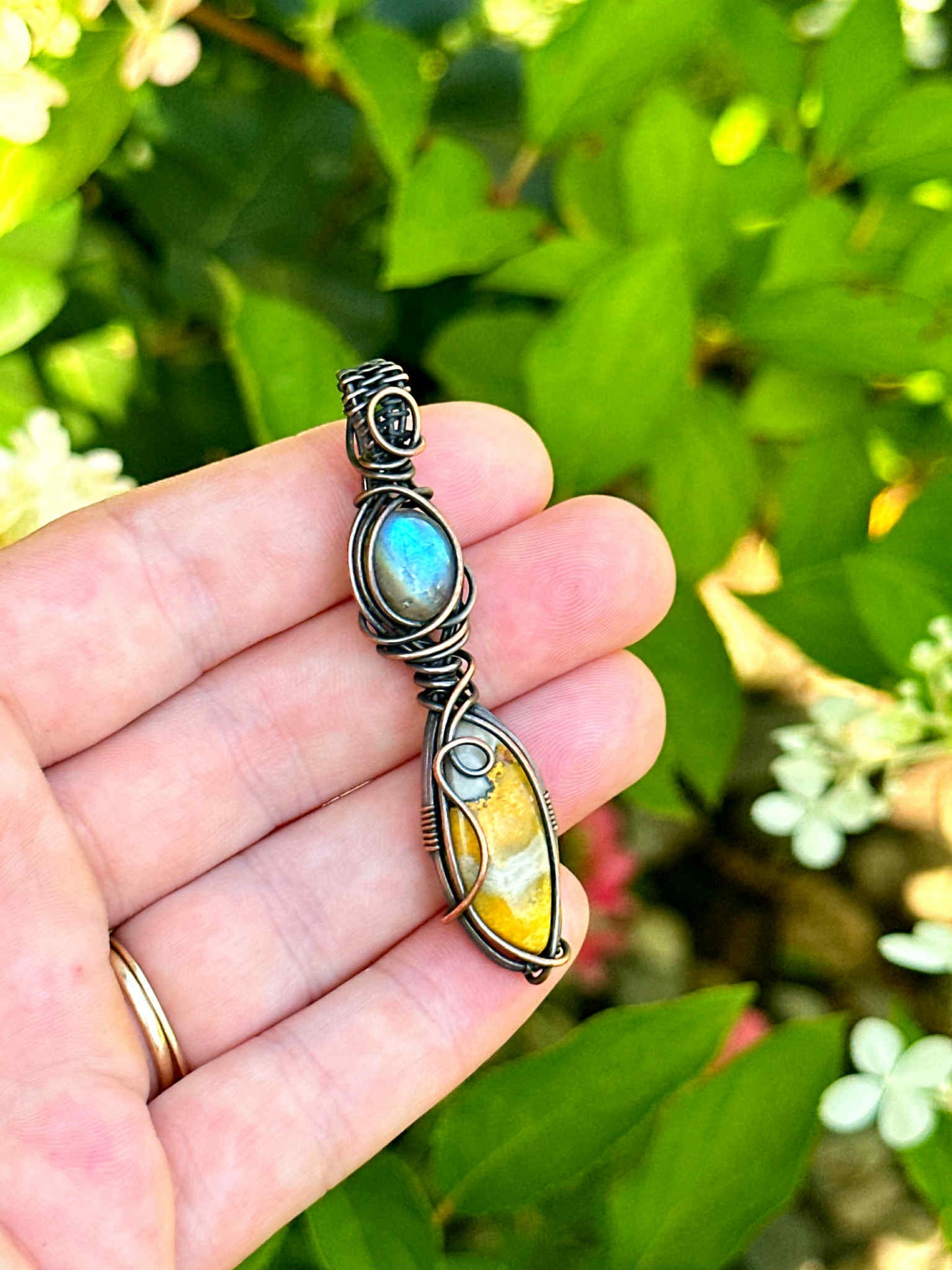 Double Labradorite & Bumble Bee Jasper Crystal Copper Pendant