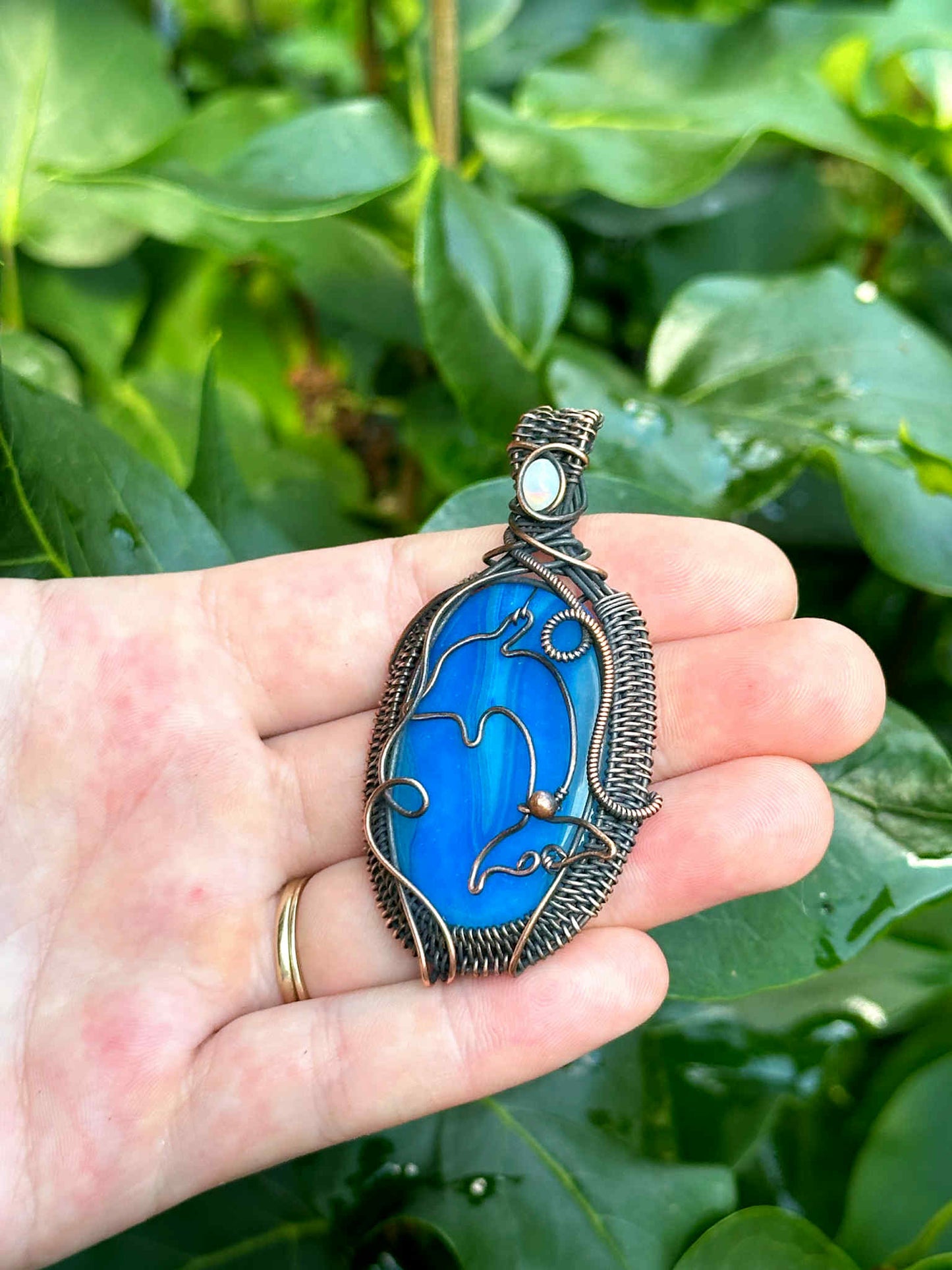 Dolphin Blue Banded Agate Crystal Copper Pendant