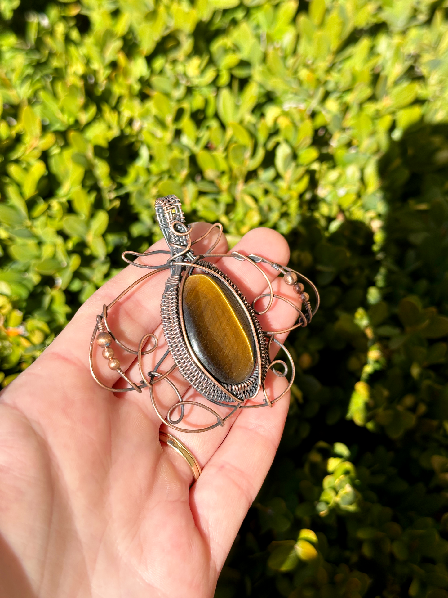 Polyphemus Moth Tigers Eye Crystal Copper Pendant