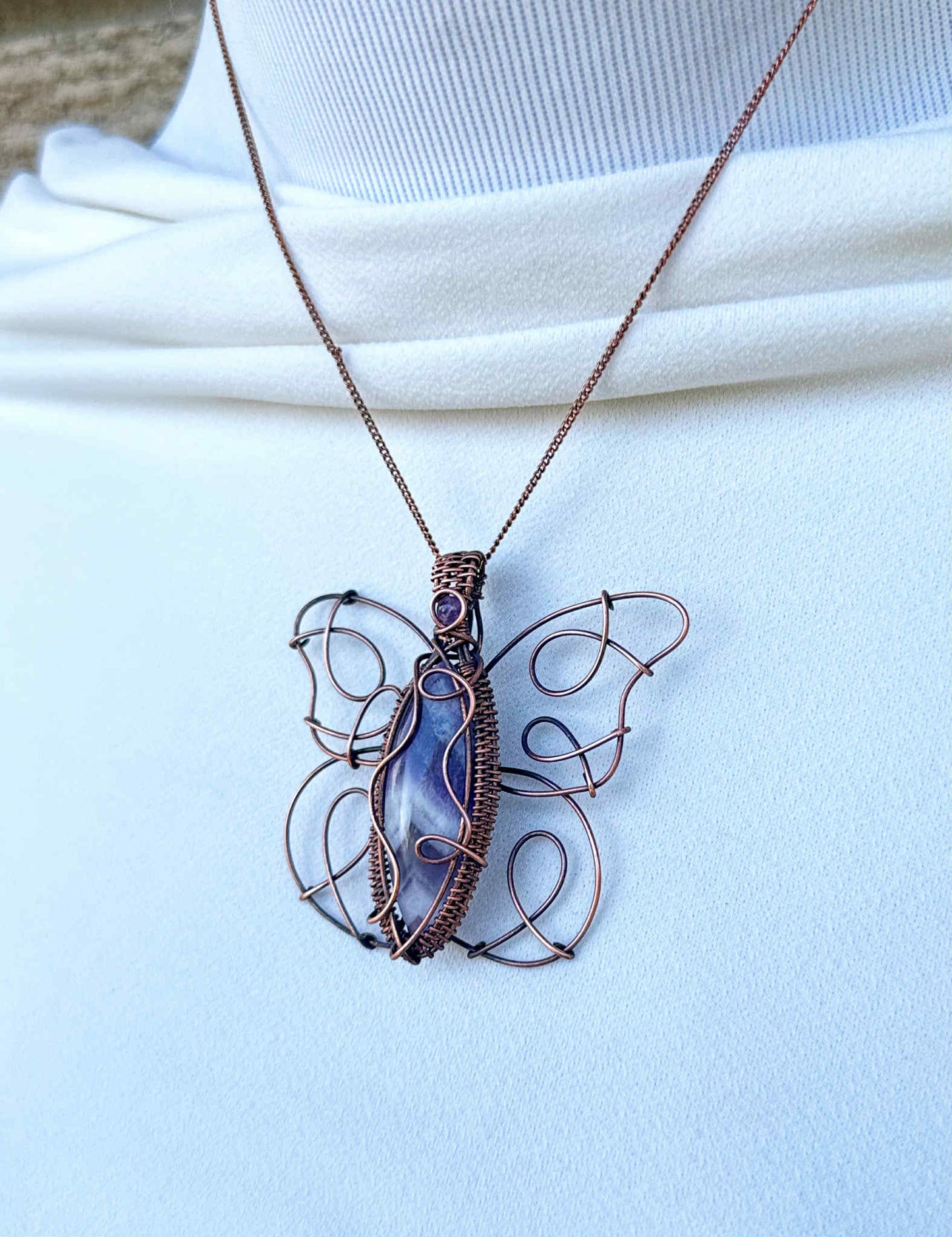 Butterfly Purple Chevron & Amethyst Crystal Copper Pendant