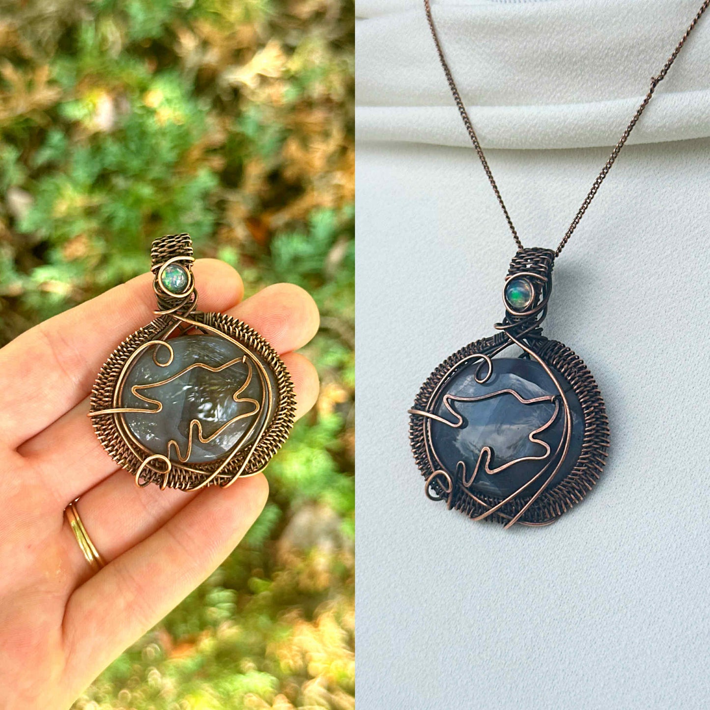 Wolf Grey Agate & Opal Crystal Copper Pendant