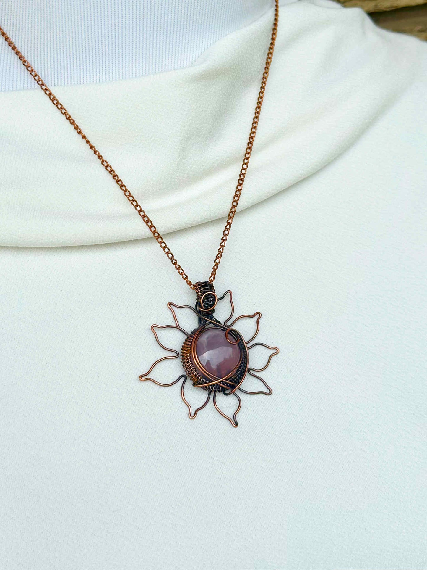 Sun Rose Quartz Crystal Copper Pendant