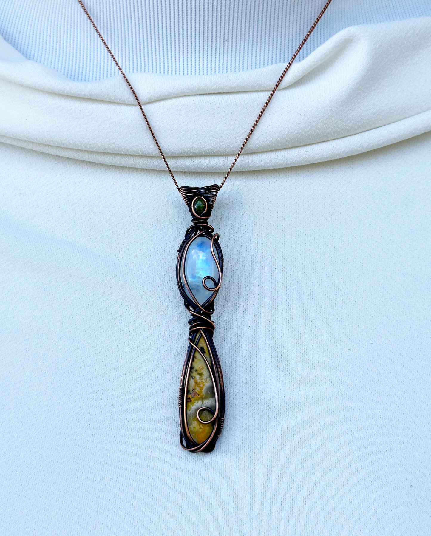 Triple Opal, Rainbow Moonstone, & Bumble Bee Jasper Crystal Copper Pendant