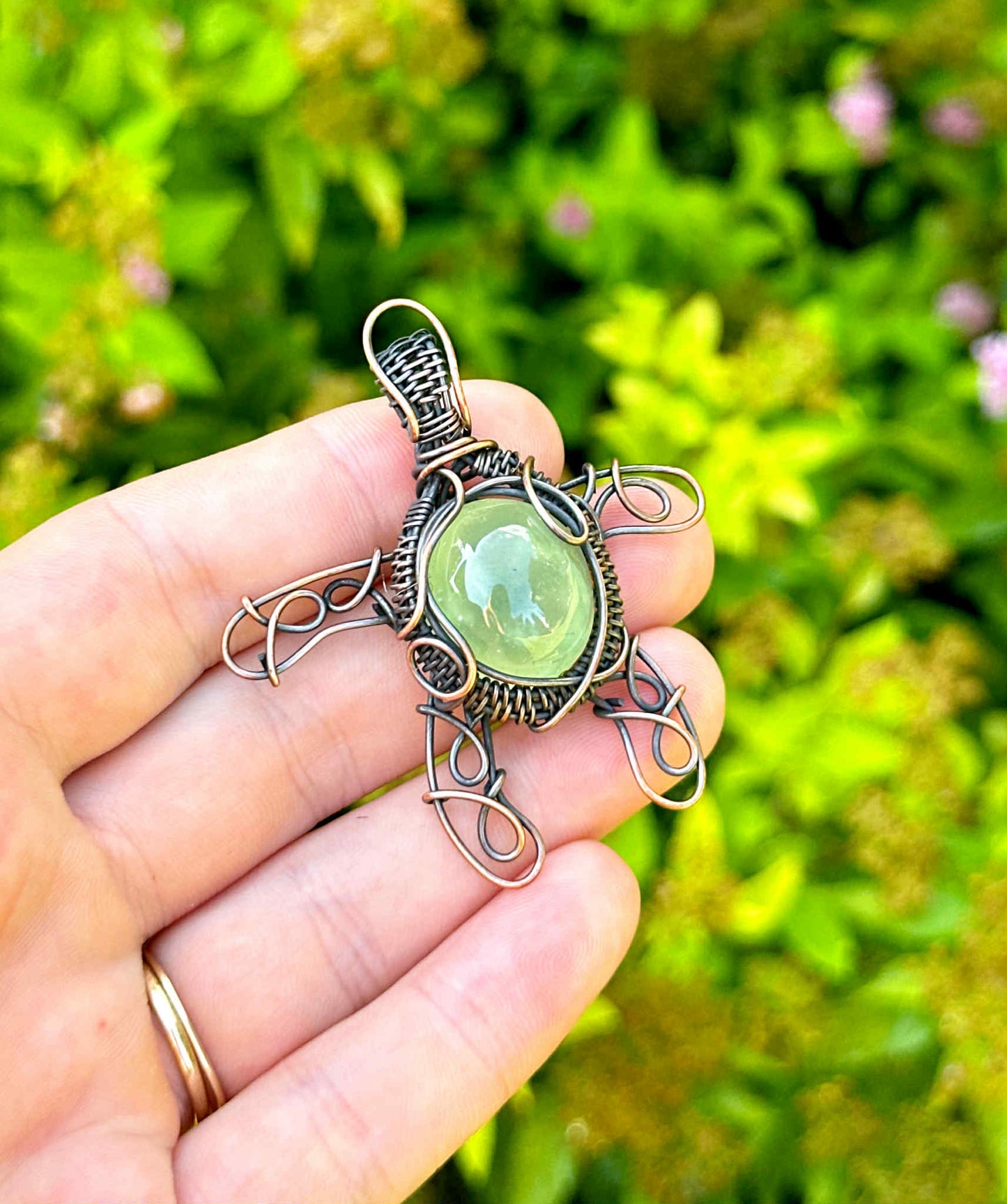 Turtle Prehnite Crystal Copper Pendant