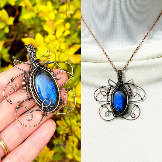 Morpho Blue Butterfly Labradorite Crystal Copper Pendant