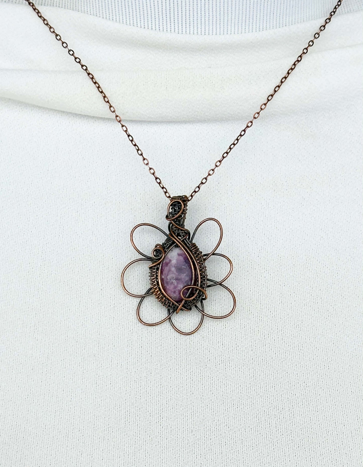 Daisy Lepidolite & Clear Quartz Crystal Copper Pendant