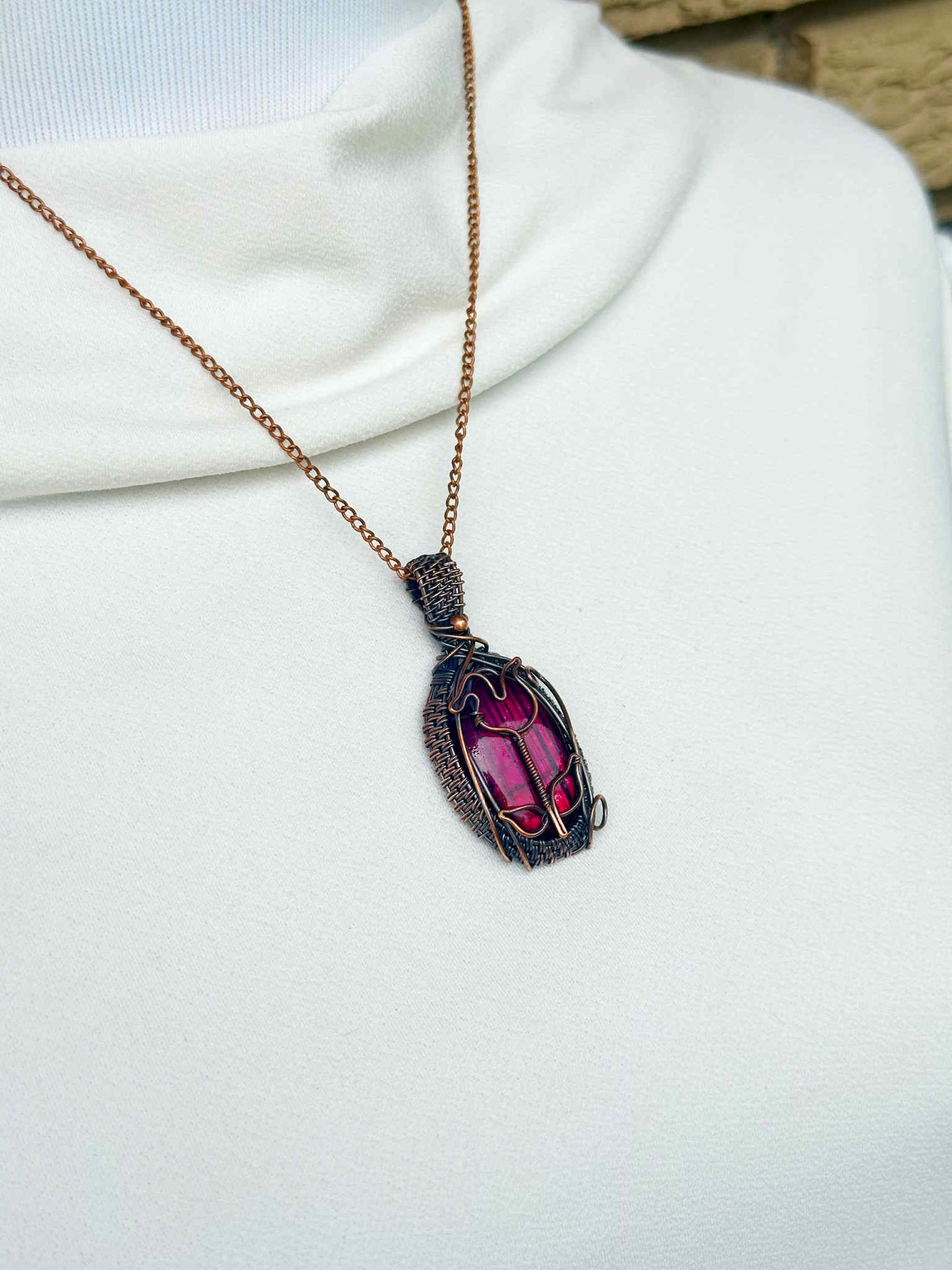 Rose Pink Labradorite Crystal Copper Pendant