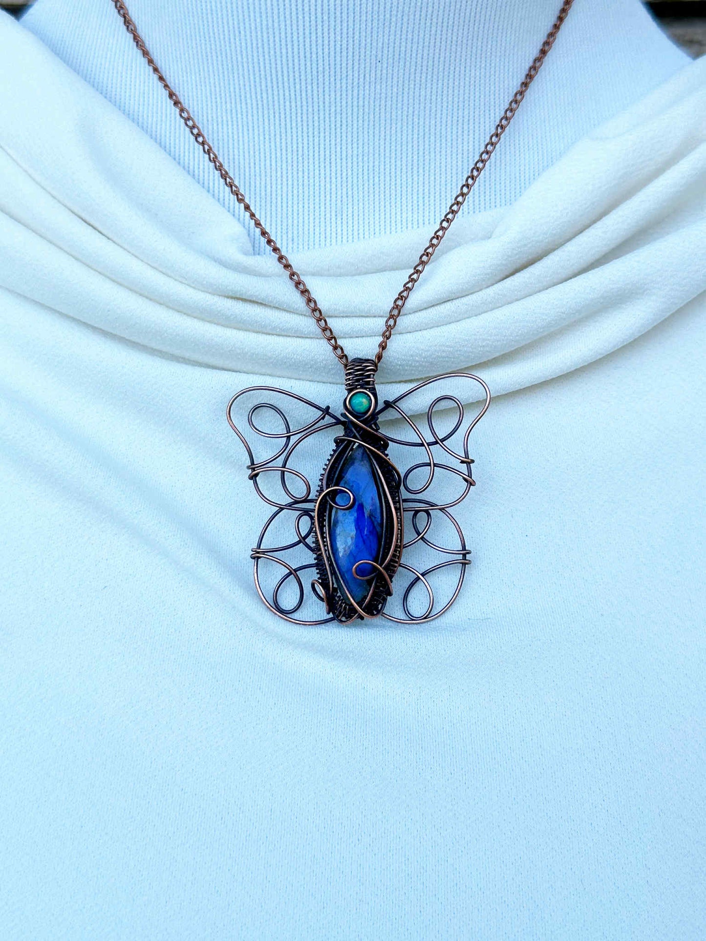 Butterfly Double Labradorite & Opal Crystal Copper Pendant