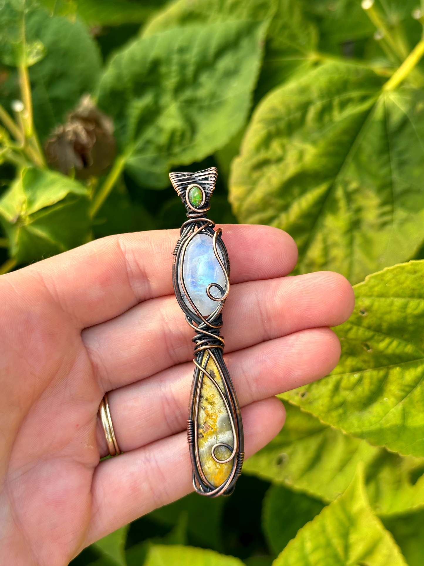 Triple Opal, Rainbow Moonstone, & Bumble Bee Jasper Crystal Copper Pendant