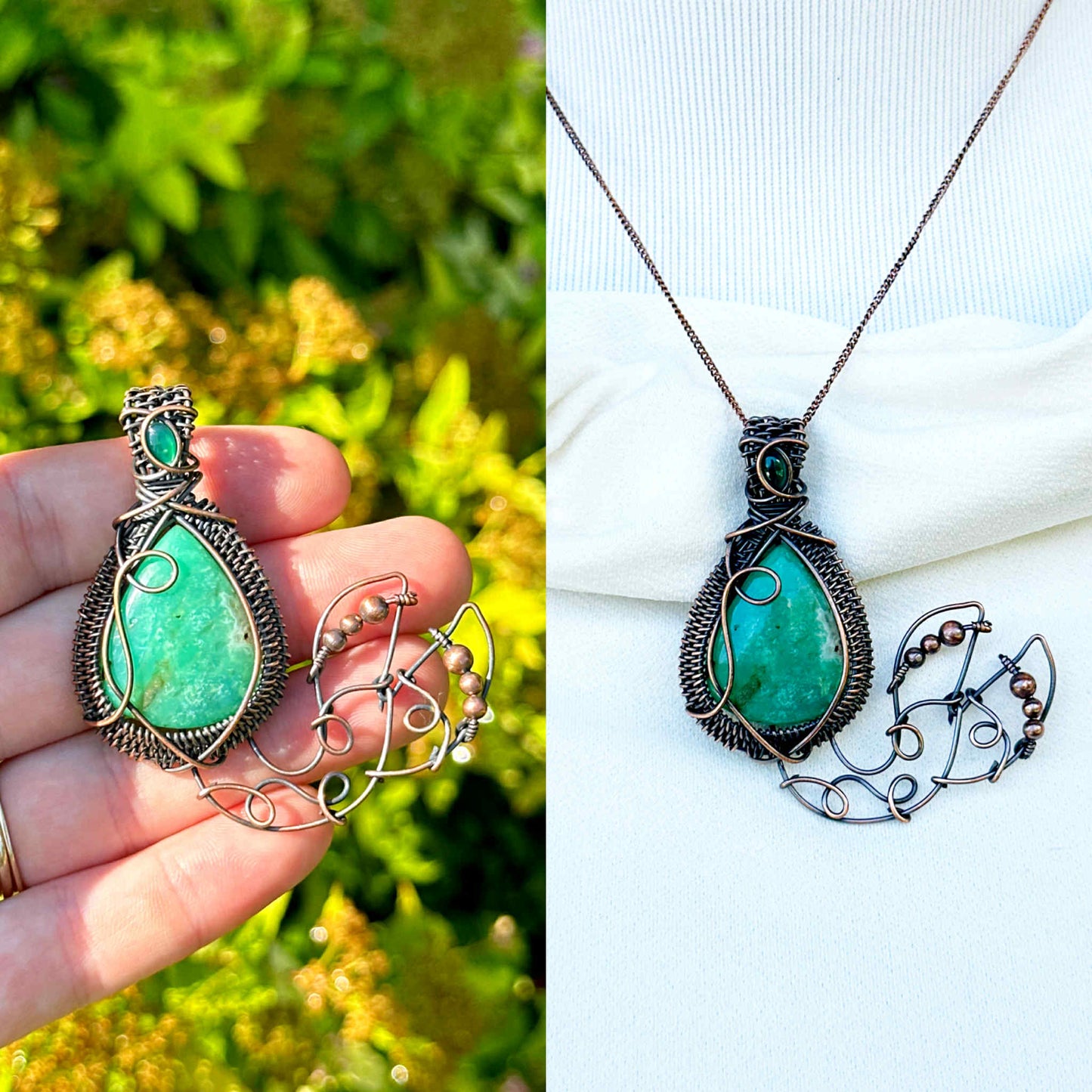 Mermaid Double Chrysoprase & Emerald Crystal Copper Pendant