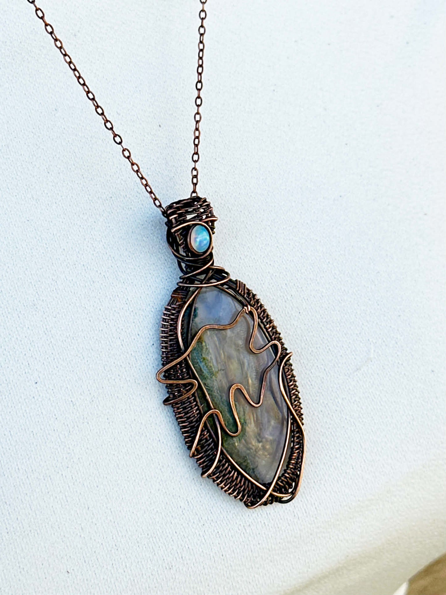 Wolf Moss Agate & Opal Crystal Copper Pendant