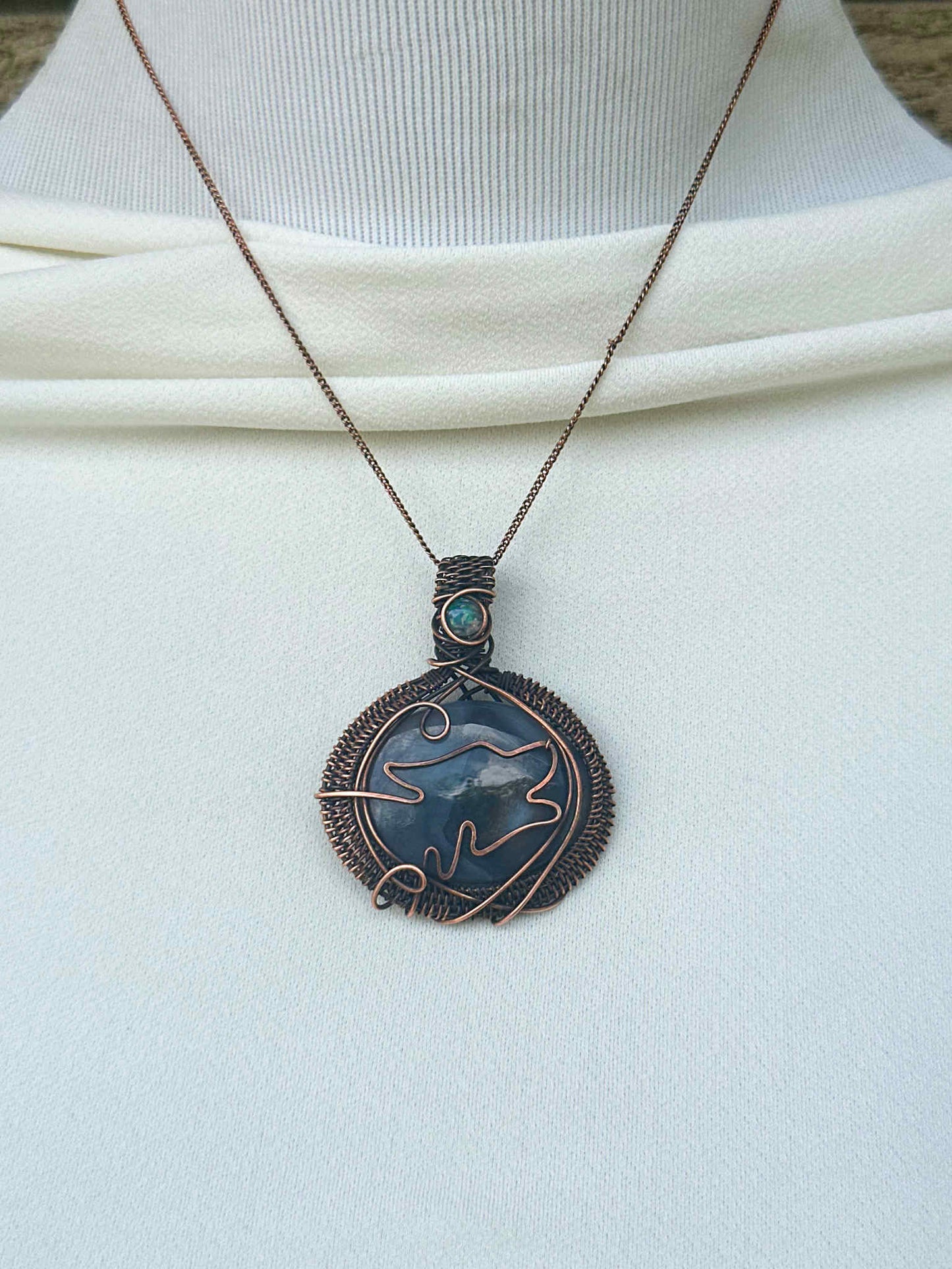 Wolf Grey Agate & Opal Crystal Copper Pendant