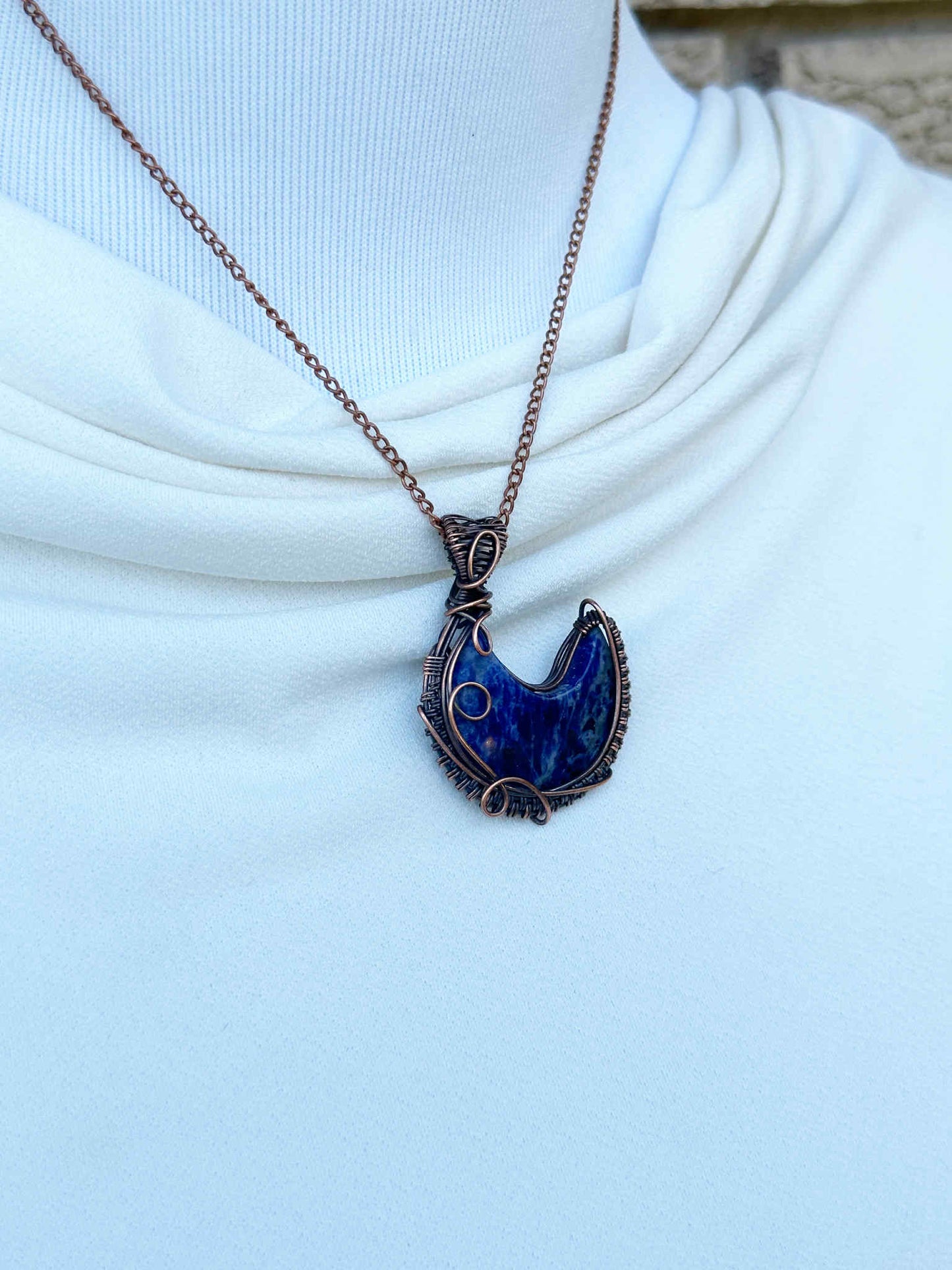 Crescent Moon Lapis Crystal Copper Pendant