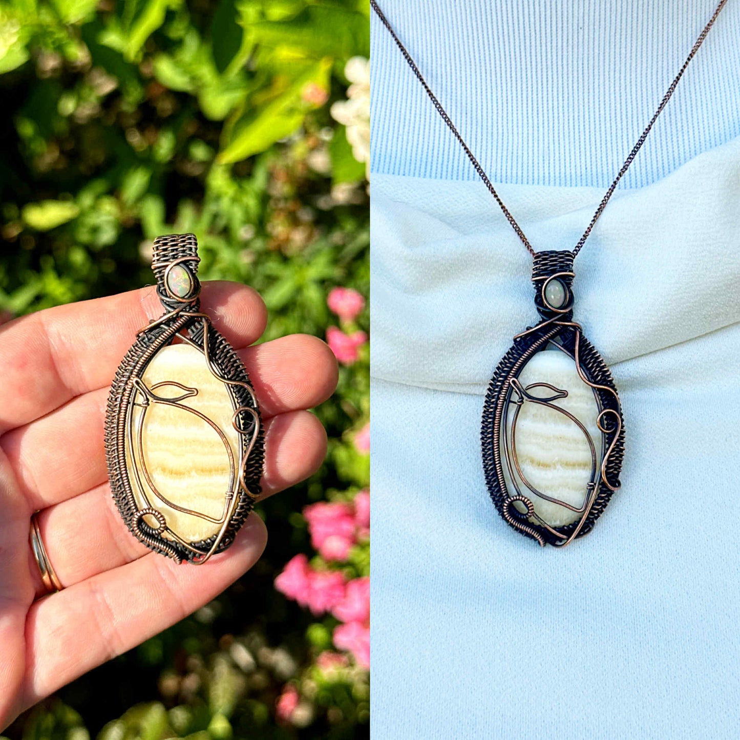 Lemon Yellow Lace Onyx Crystal Copper Pendant
