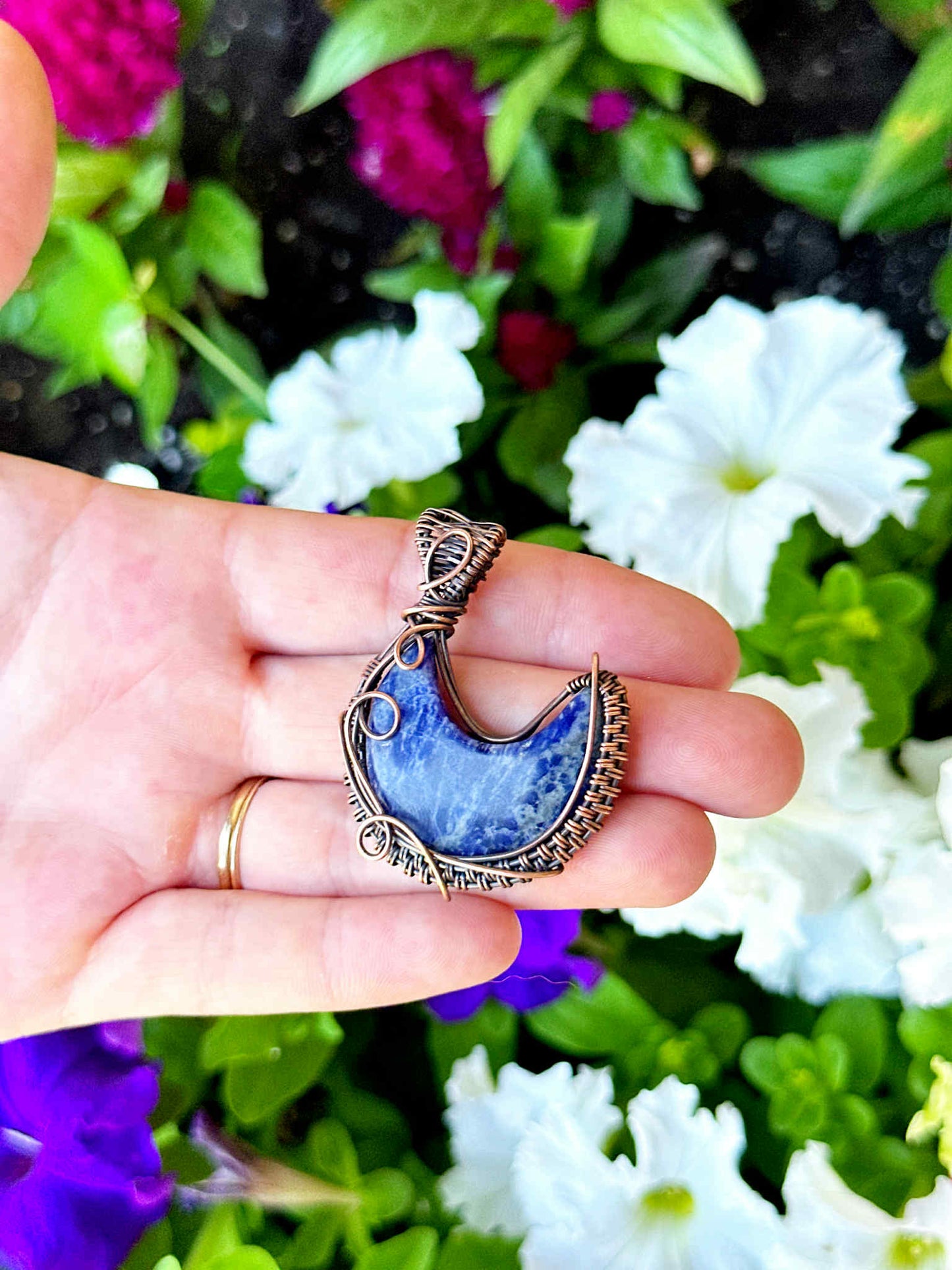 Crescent Moon Lapis Crystal Copper Pendant
