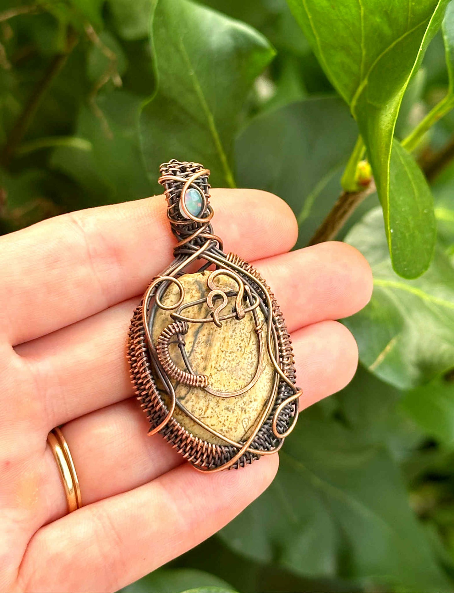 Coffee Jasper & Opal Crystal Copper Pendant