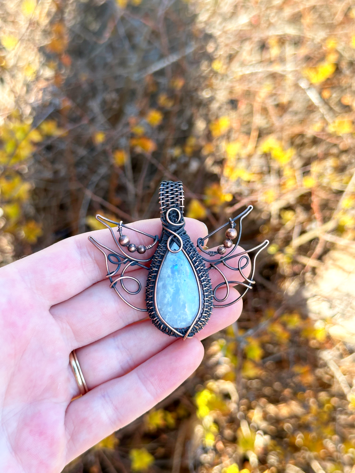 Lotus Rainbow Moonstone Crystal Copper Pendant