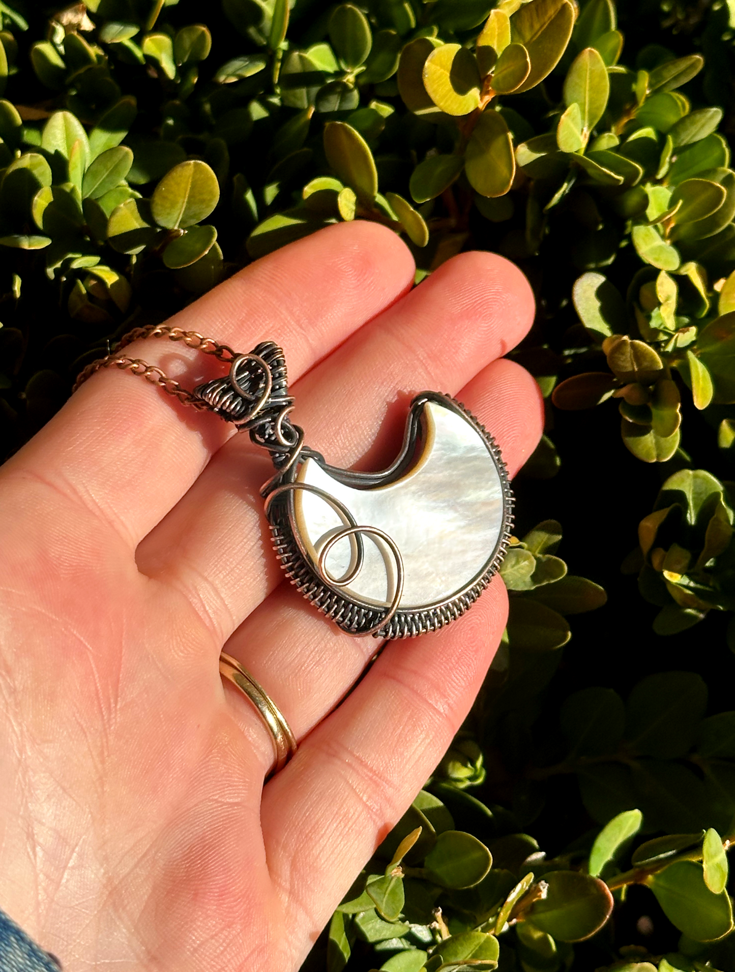 Crescent Moon Mother of Pearl Crystal Copper Pendant