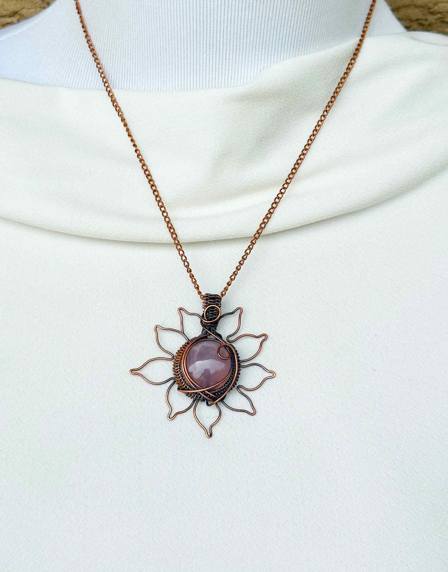 Sun Rose Quartz Crystal Copper Pendant
