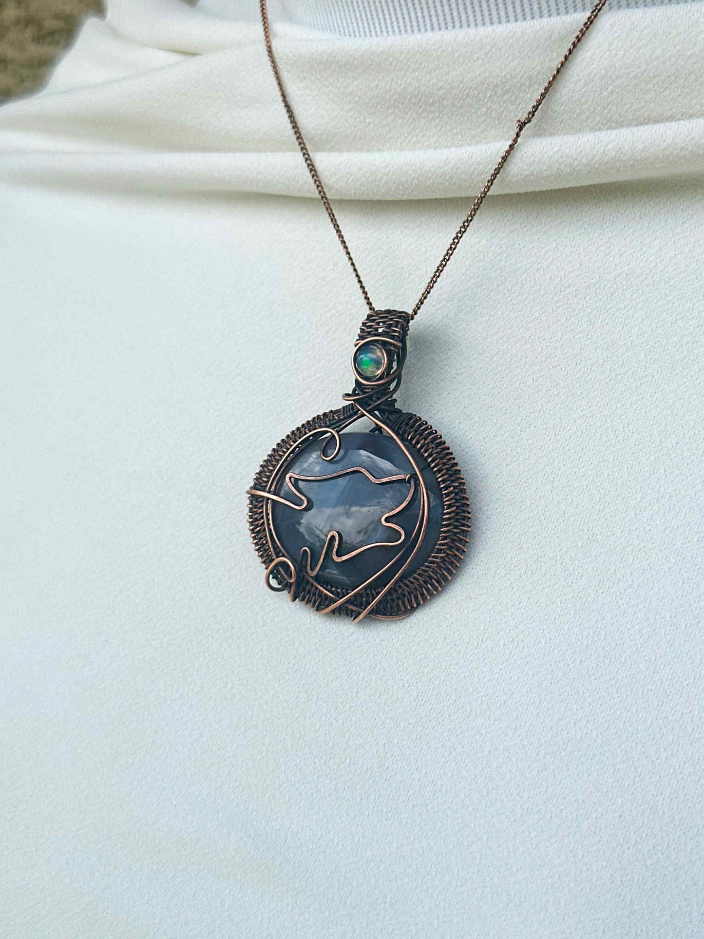 Wolf Grey Agate & Opal Crystal Copper Pendant