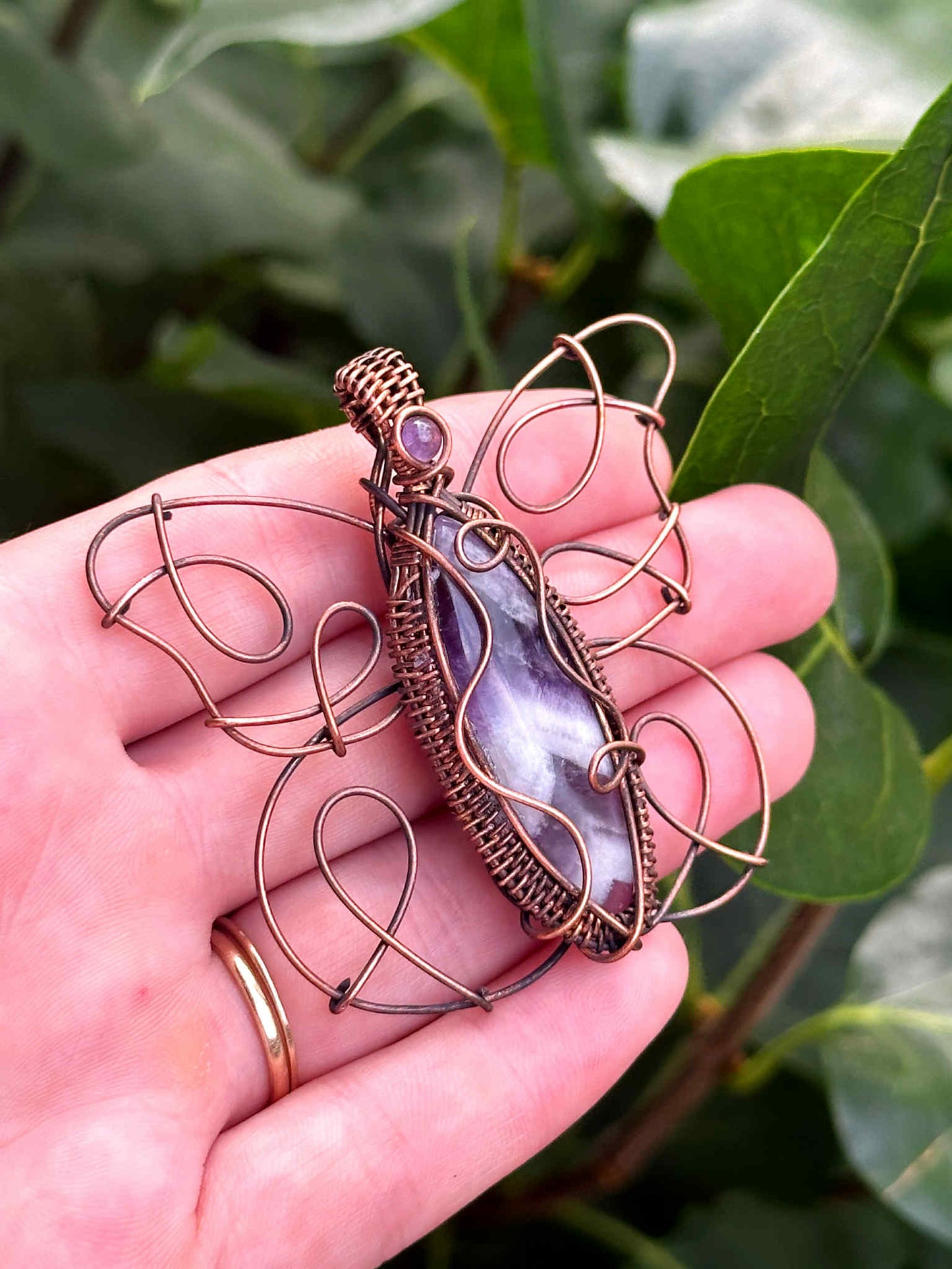 Butterfly Purple Chevron & Amethyst Crystal Copper Pendant
