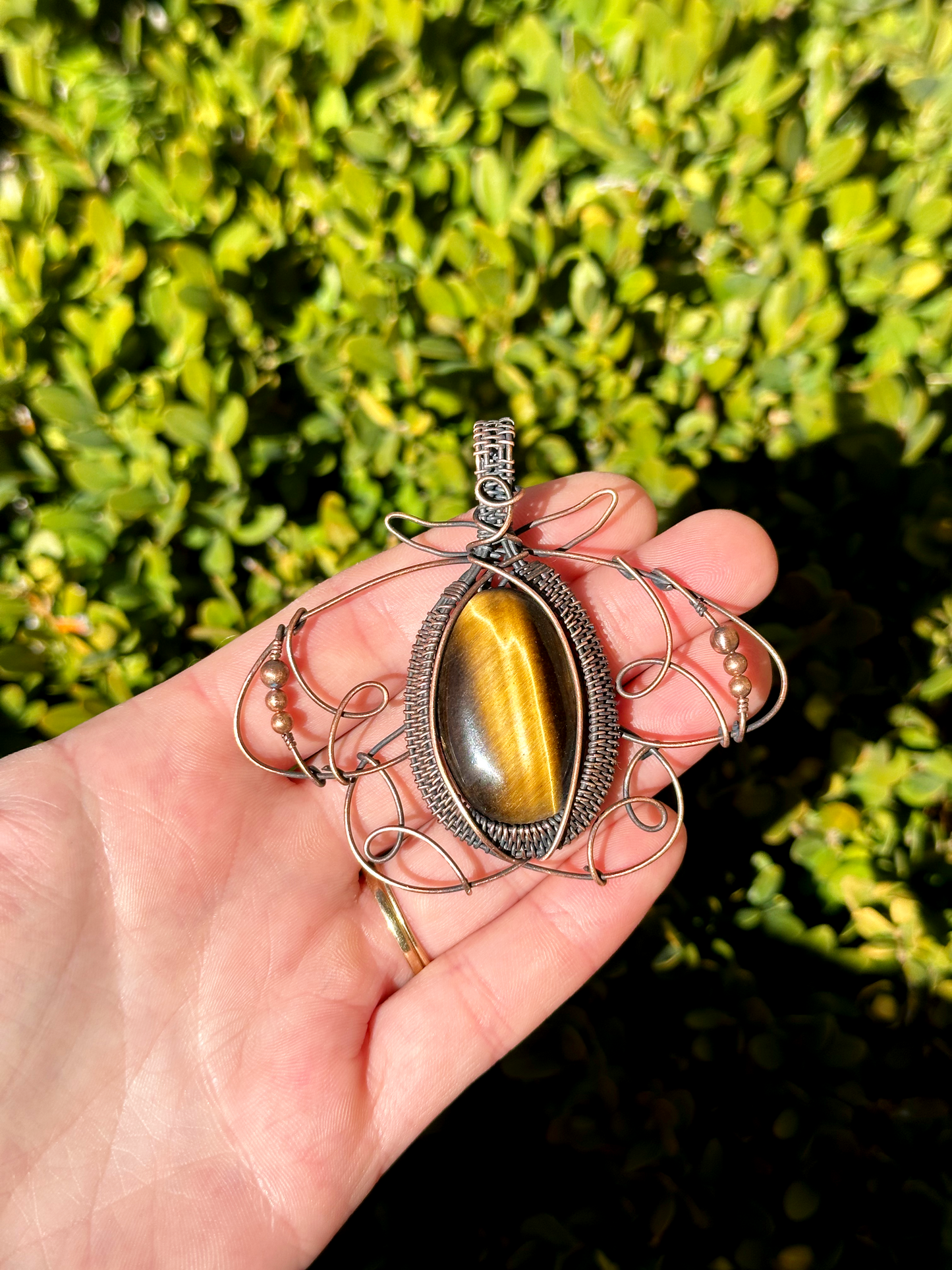Polyphemus Moth Tigers Eye Crystal Copper Pendant