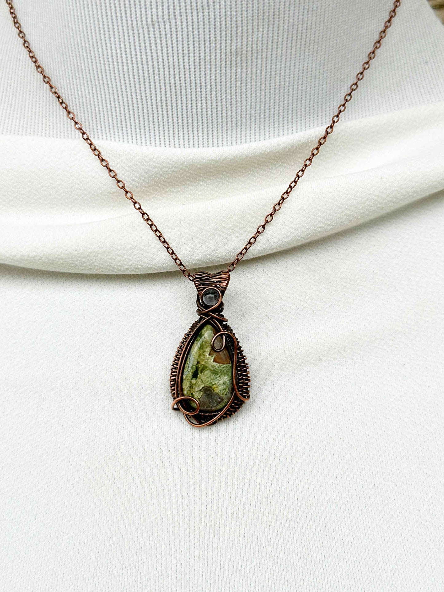 Rainforest Jasper & Clear Quartz Accent Crystal Copper Pendant