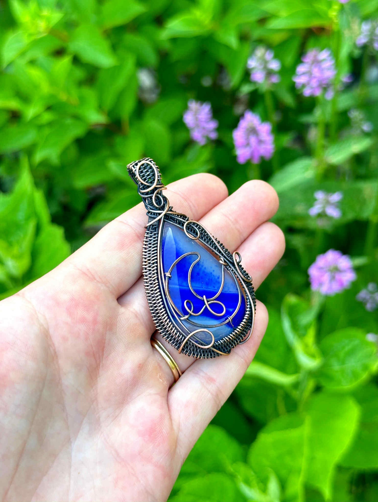 Crescent Moon Blue Banded Agate Crystal Copper Pendant