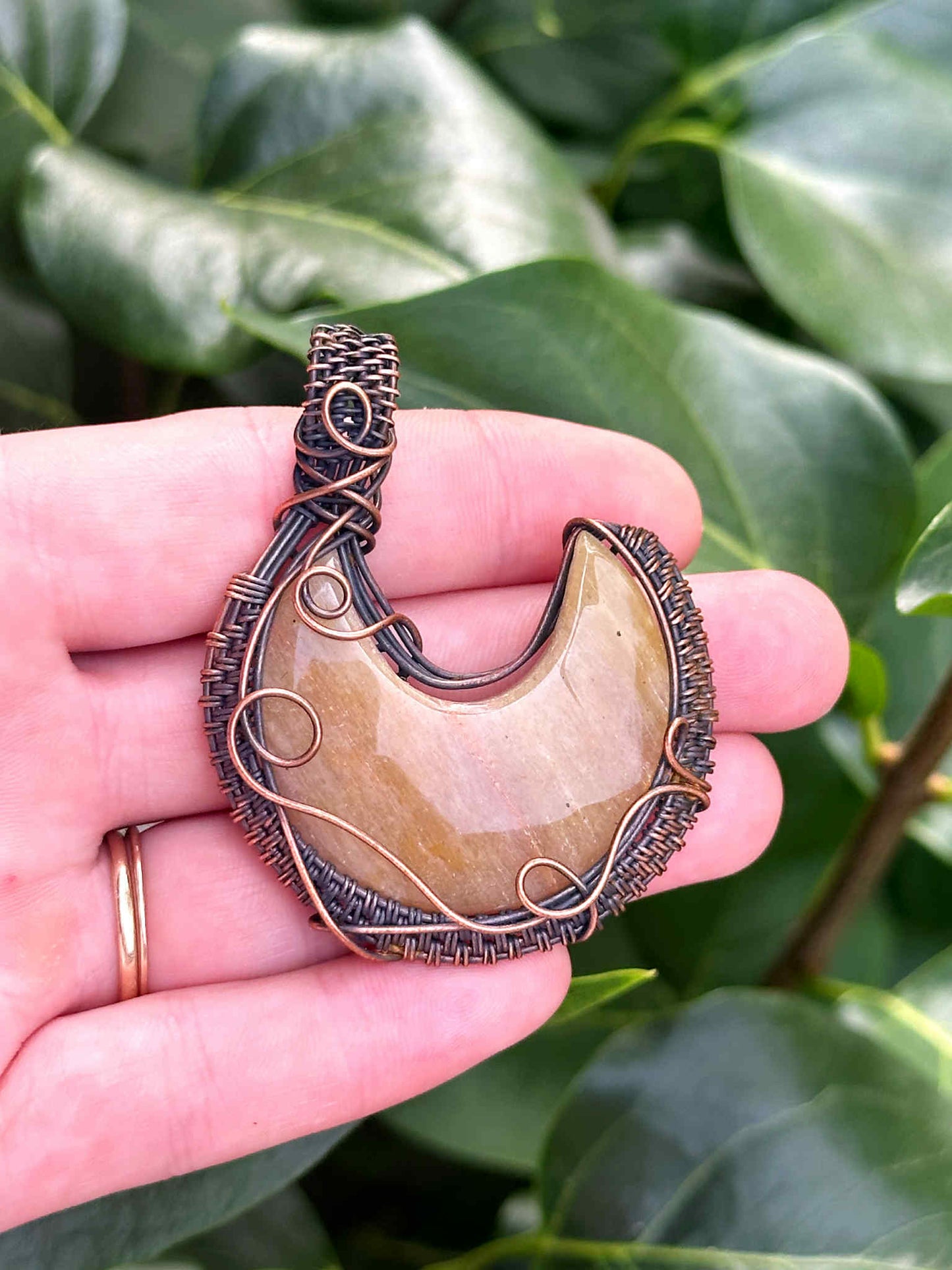 Crescent Moon Chalcedony Crystal Copper Pendant