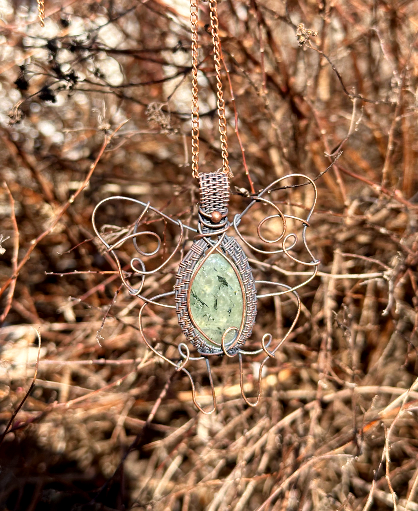 Luna Moth Prehnite Crystal Copper Pendant