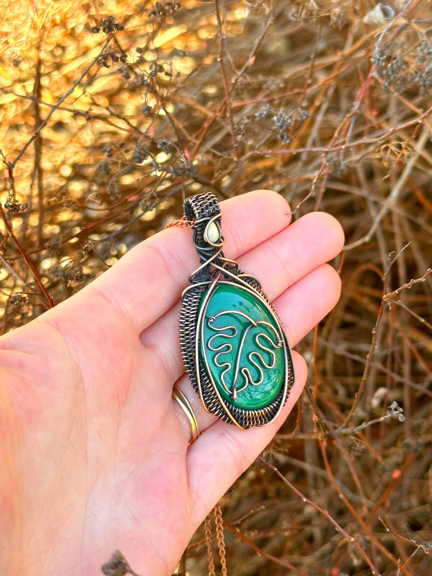 Monstera Malachite Opal Crystal Copper Pendant