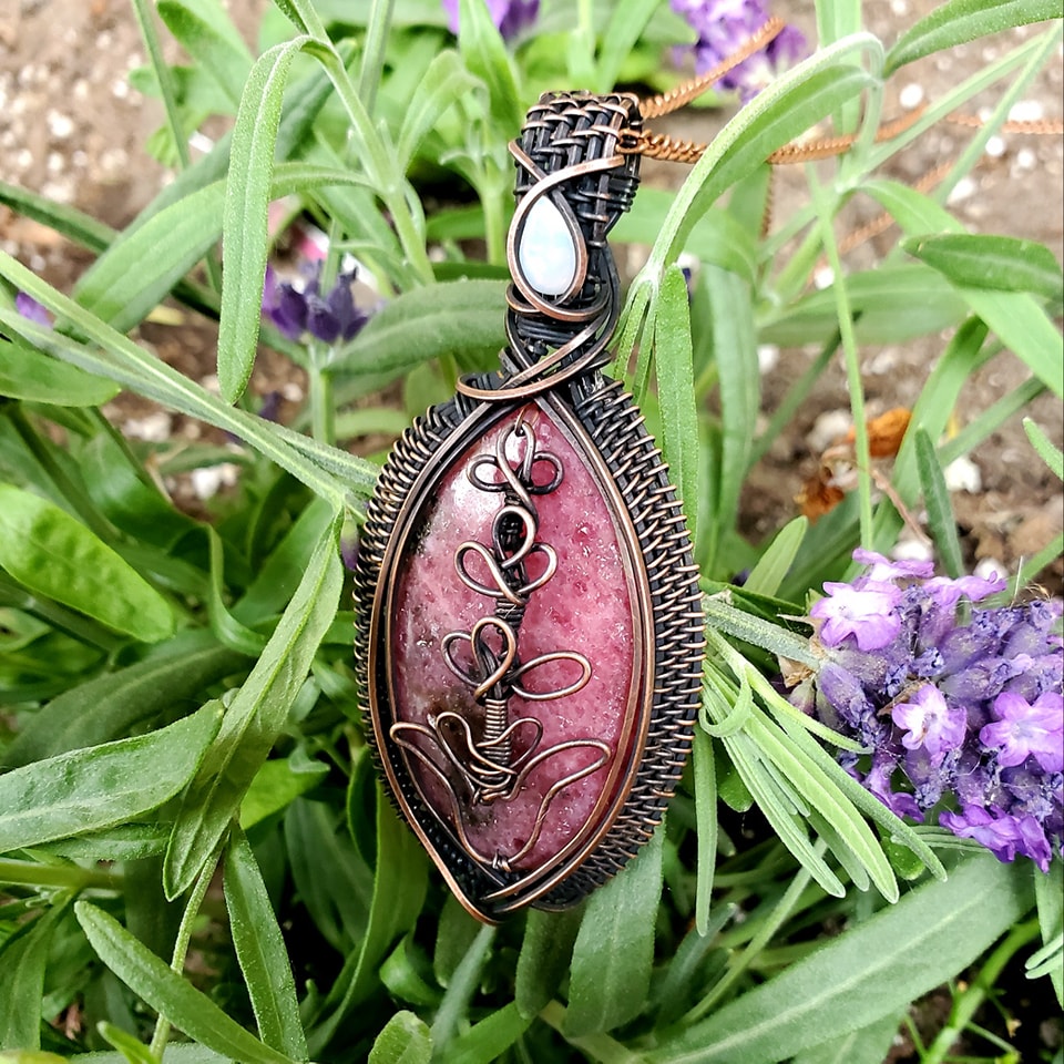 Lilac Rhodonite Crystal Copper Pendant