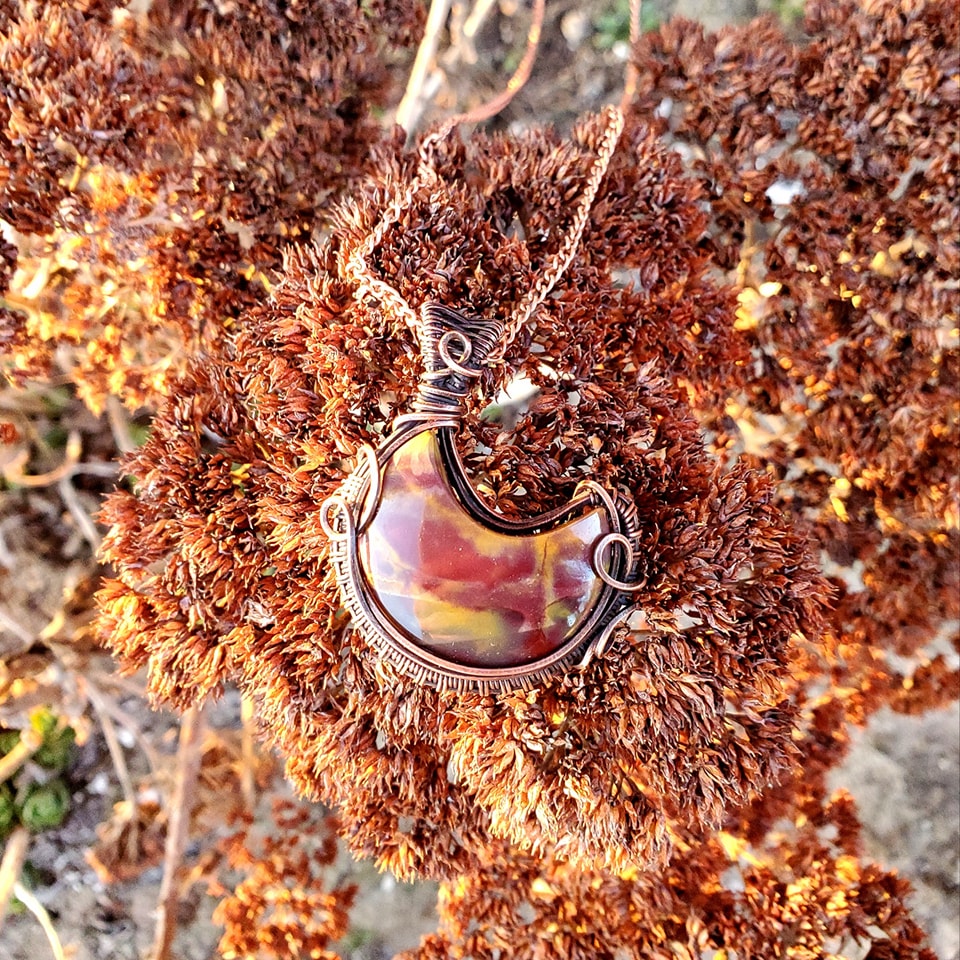 Crescent Moon Mookite Jasper Crystal Copper Pnedant