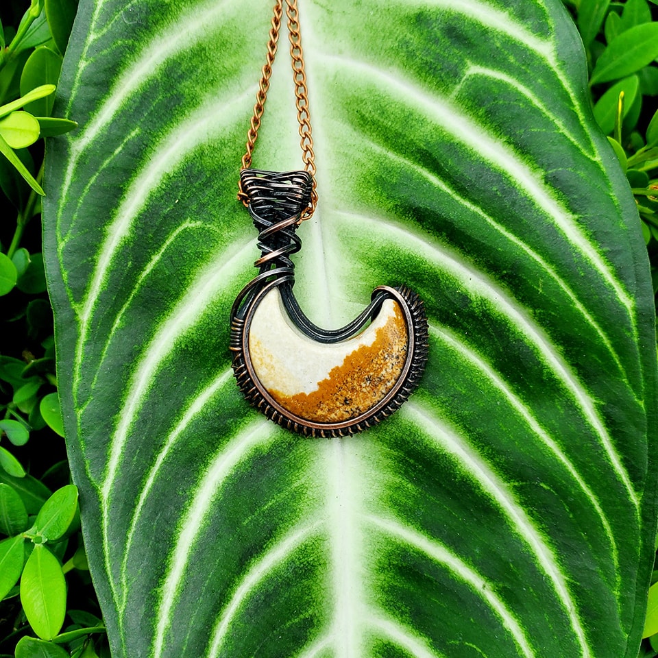 Crescent Moon Picture Jasper Crystal Copper Pendant