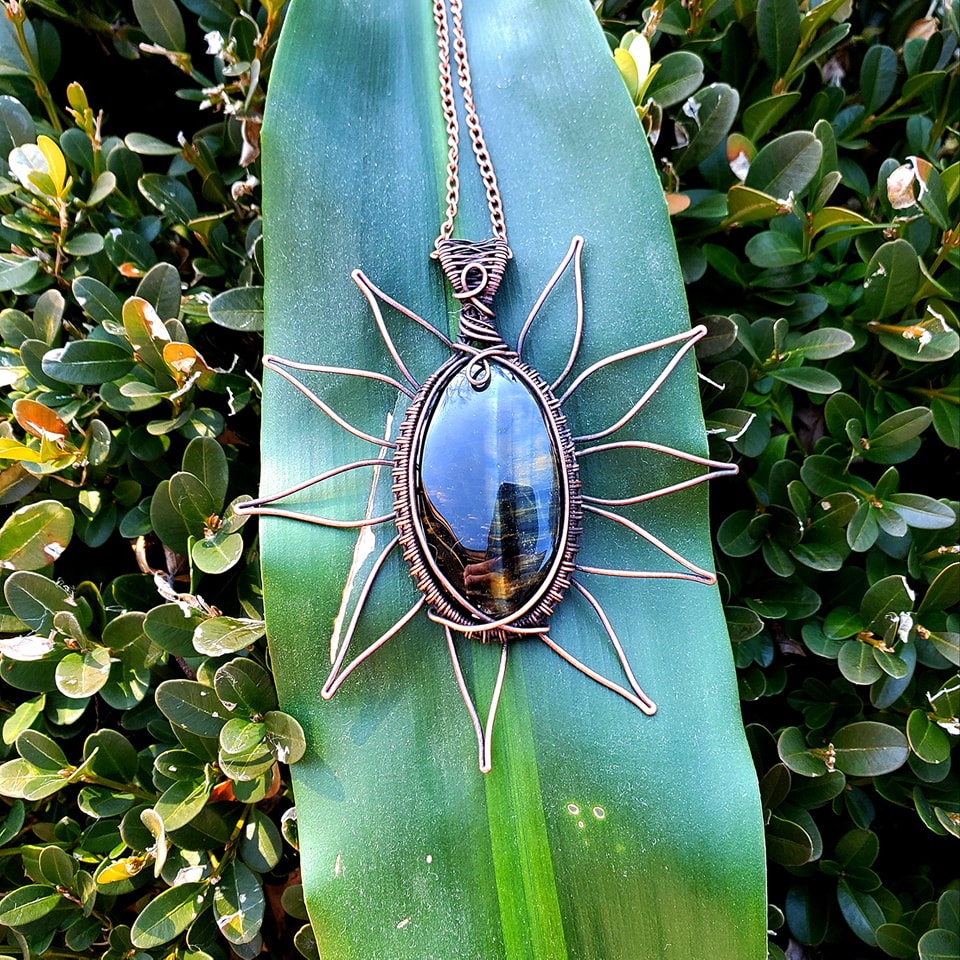 Sunflower Black Tigers Eye Crystal Copper Pendant