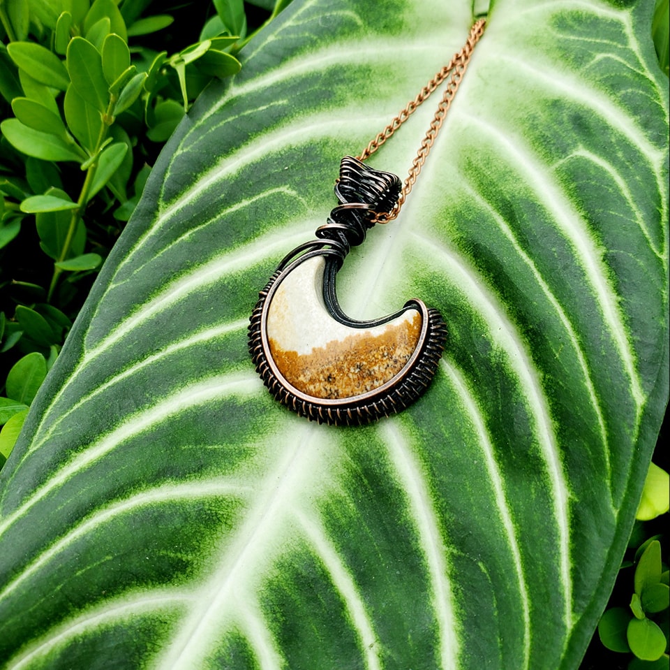 Crescent Moon Picture Jasper Crystal Copper Pendant
