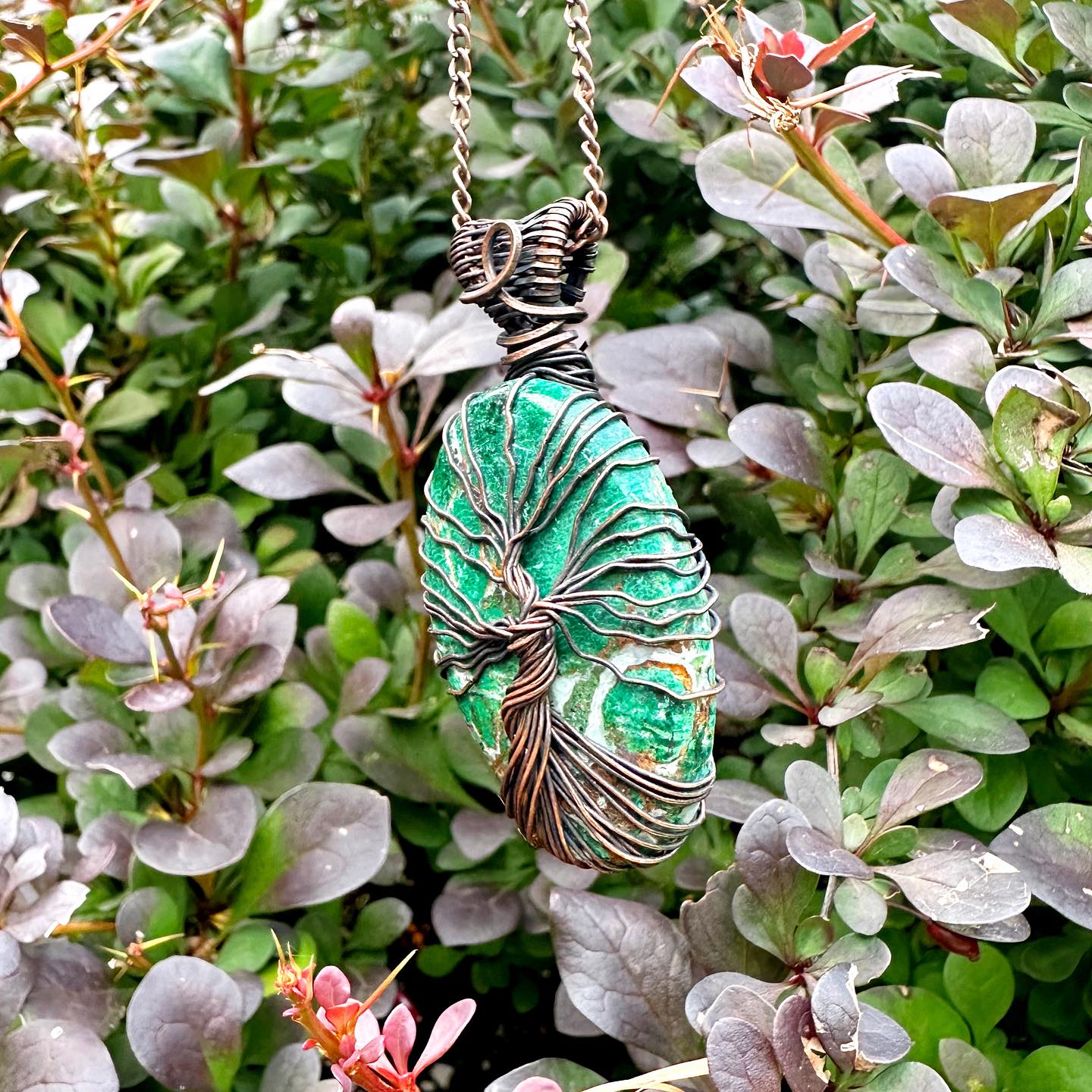 Tree of Life Green Serpentine Crystal Copper Pendant