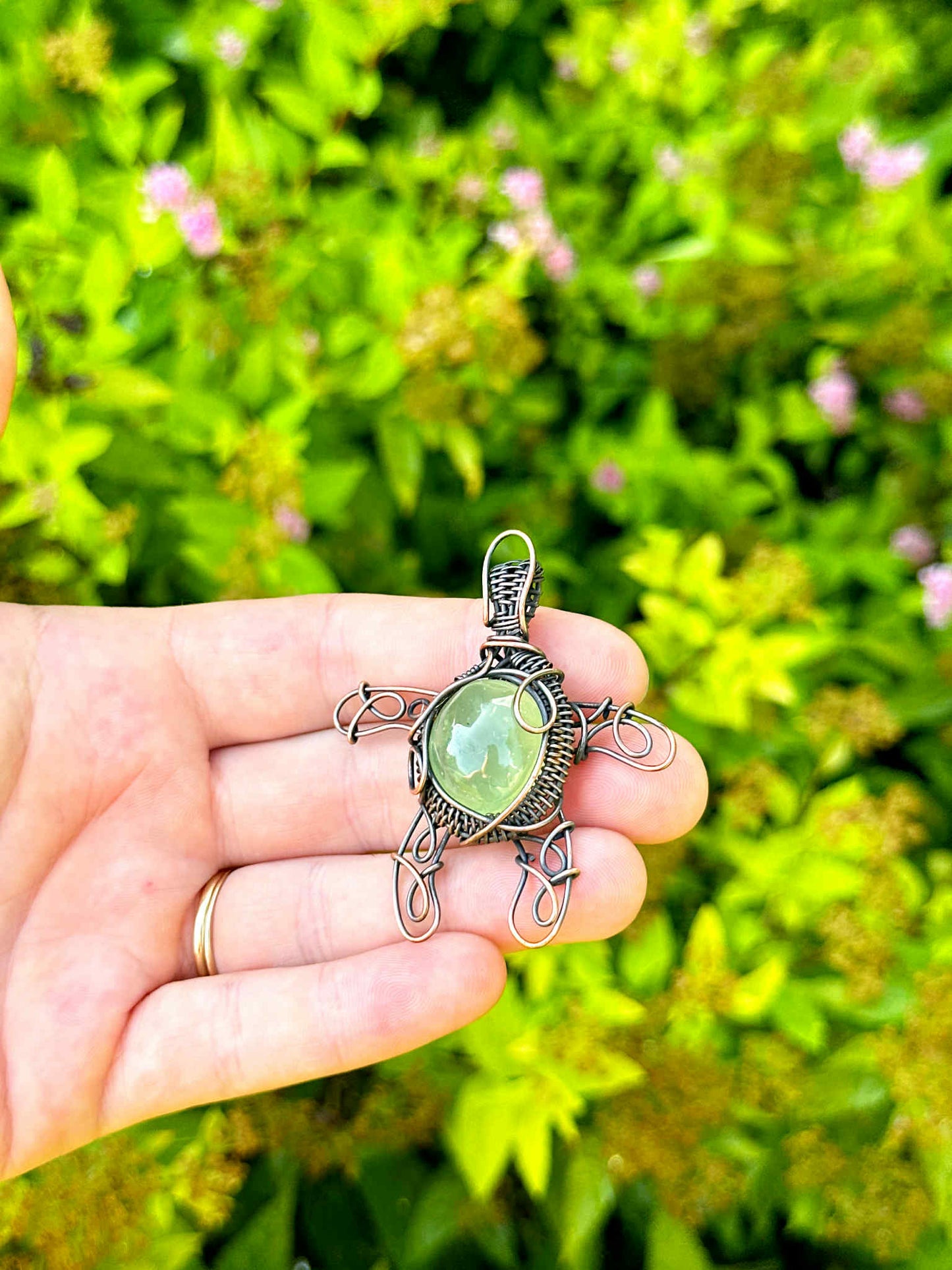 Turtle Prehnite Crystal Copper Pendant