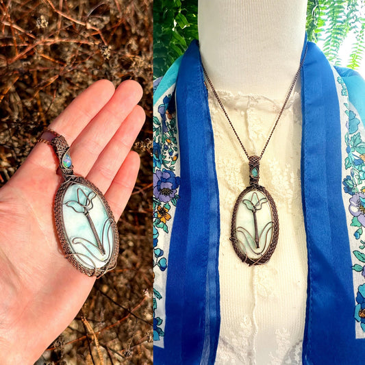 Tulip Blue Aragonite Crystal Copper Pendant